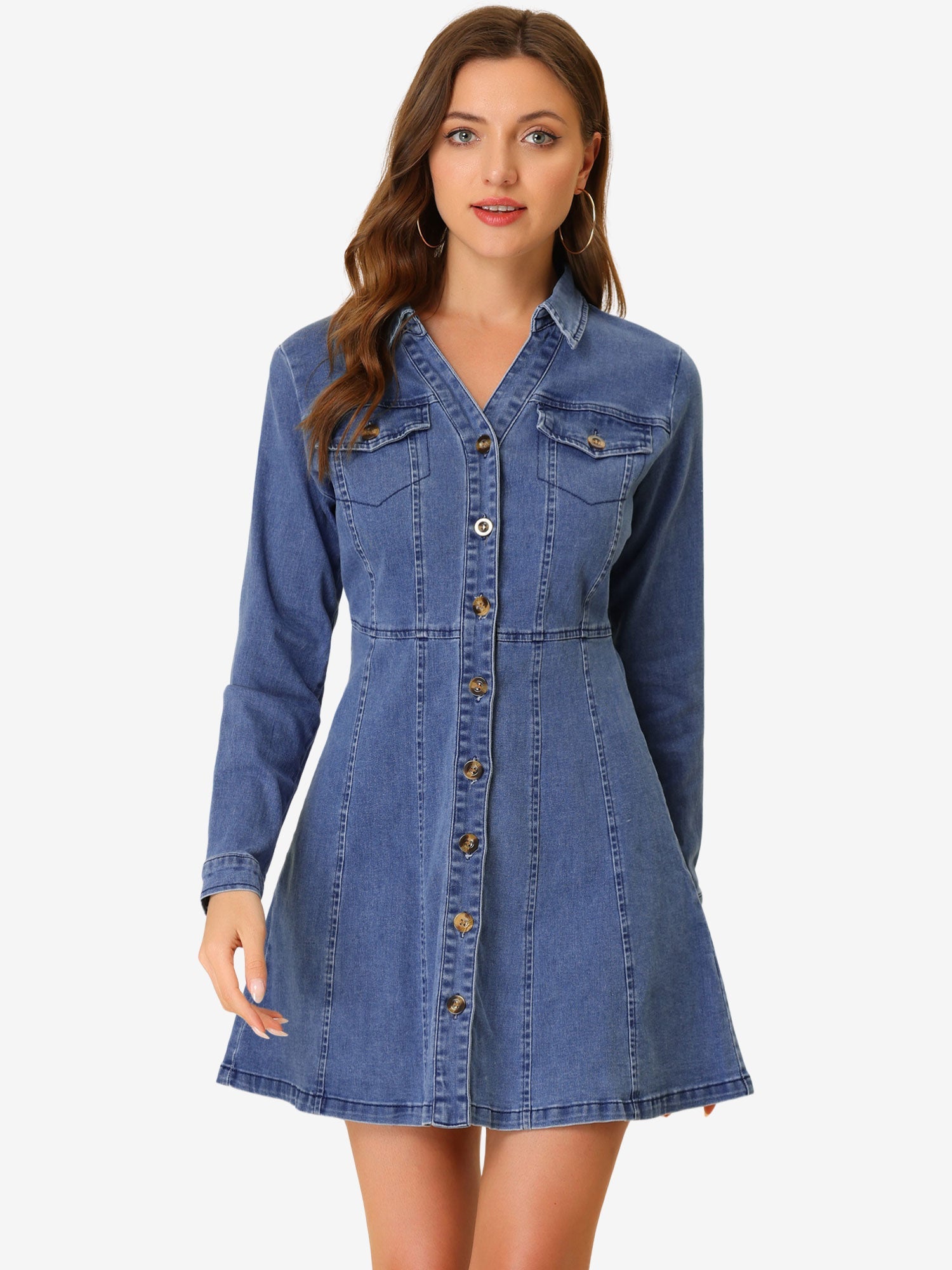 Button Down Collar V Neck Long Sleeve A-line Jean Denim Dress