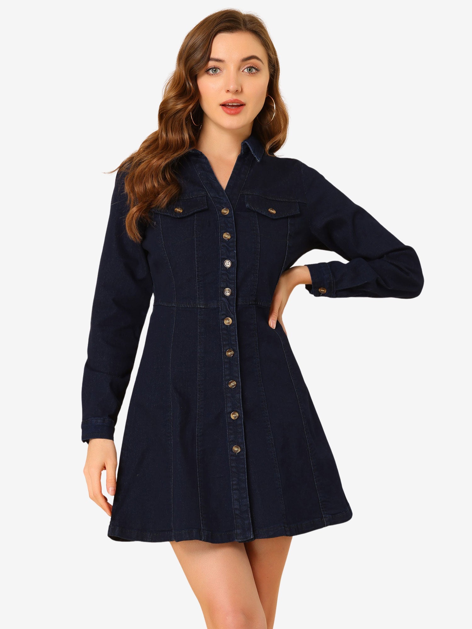 Button Down Collar V Neck Long Sleeve A-line Jean Denim Dress