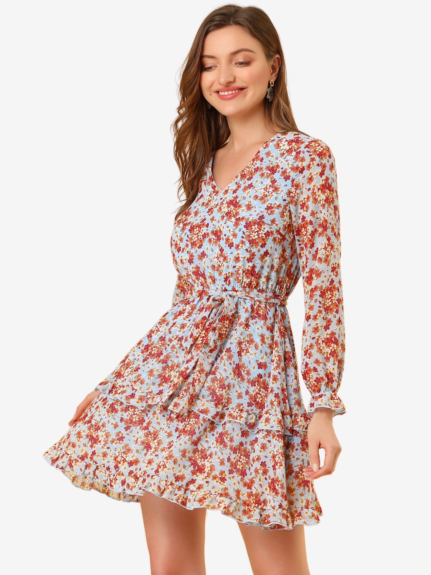 Long Sleeve V Neck Elastic Waist Ruffle Hem Chiffon Floral Dress