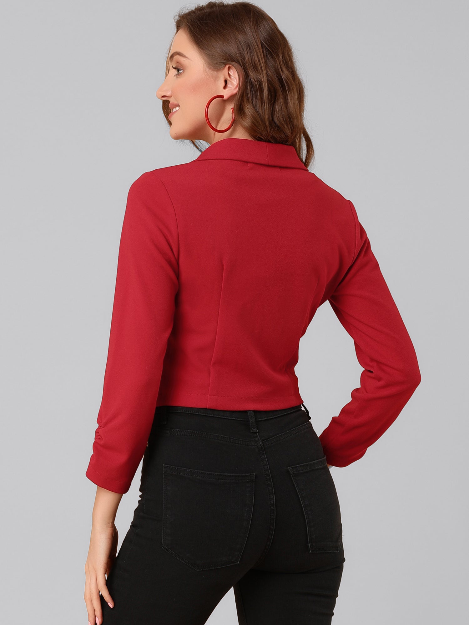 Notched Lapel Ruched Sleeve Business Cropped Jacket Blazer