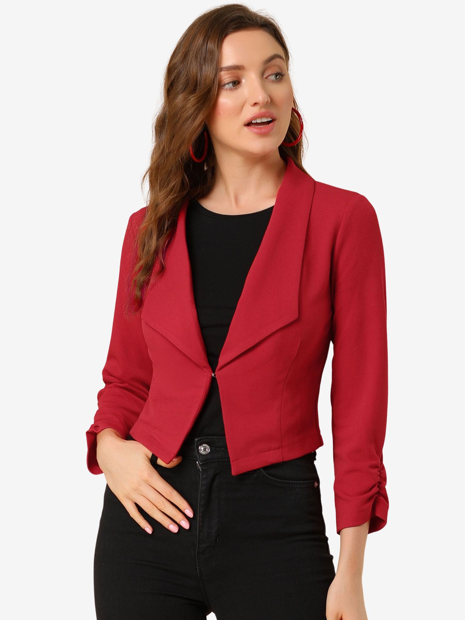Notched Lapel Ruched Sleeve Business Cropped Jacket Blazer