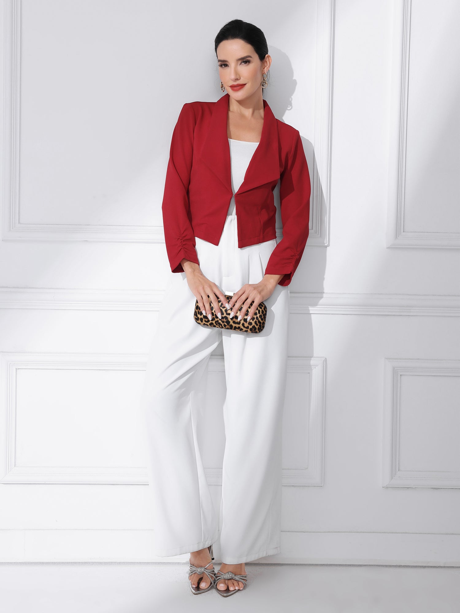 Notched Lapel Ruched Sleeve Business Cropped Jacket Blazer