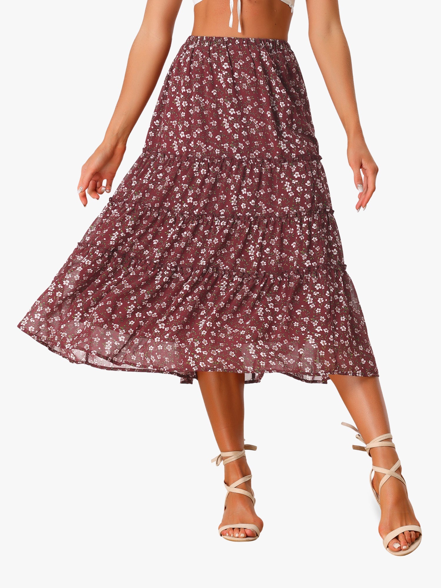Ruffle Boho Chiffon Floral Printed Long Tiered Midi Skirt