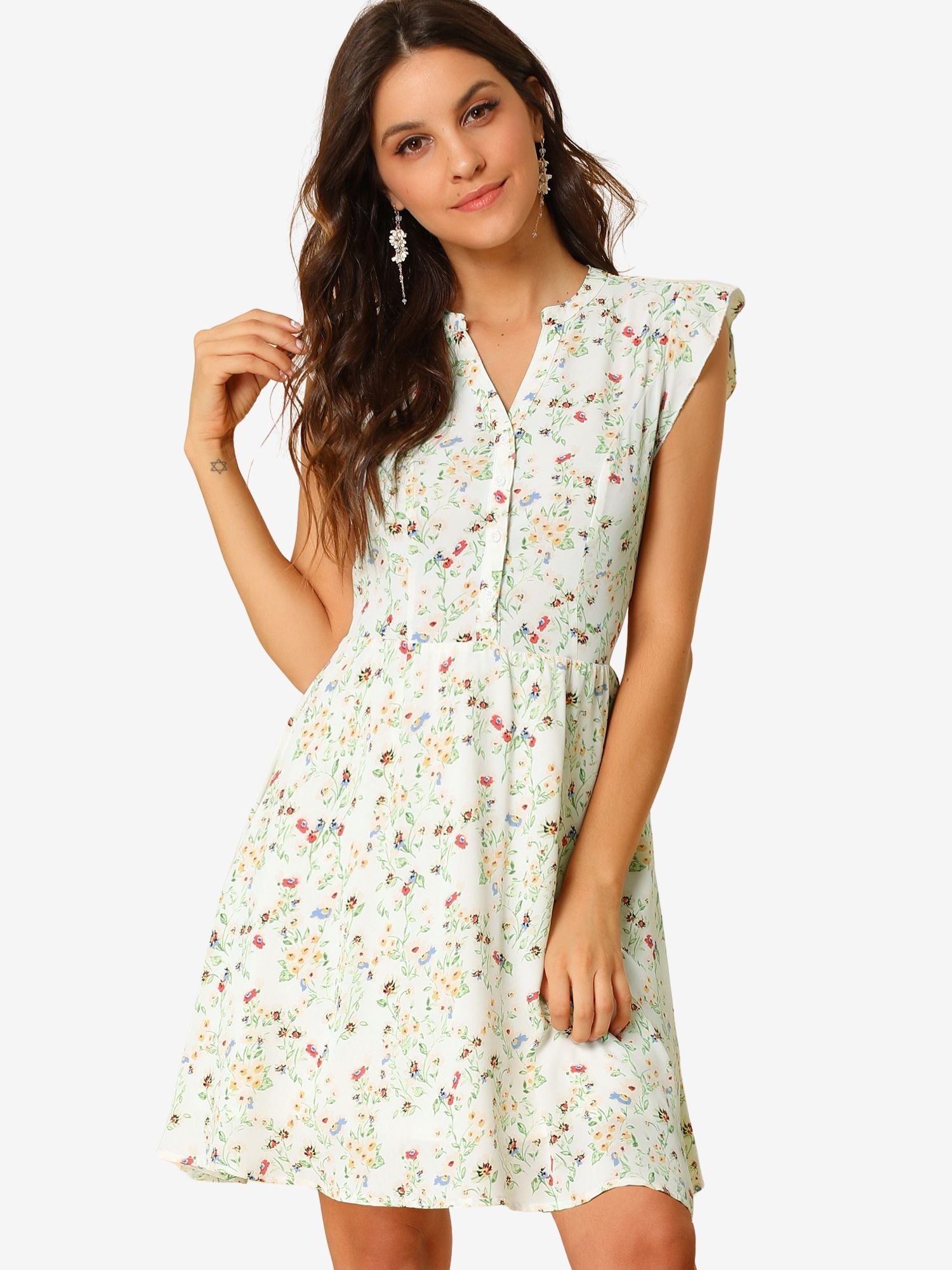 Flutter Sleeve Ruffle A-Line Flowy Chiffon Dress