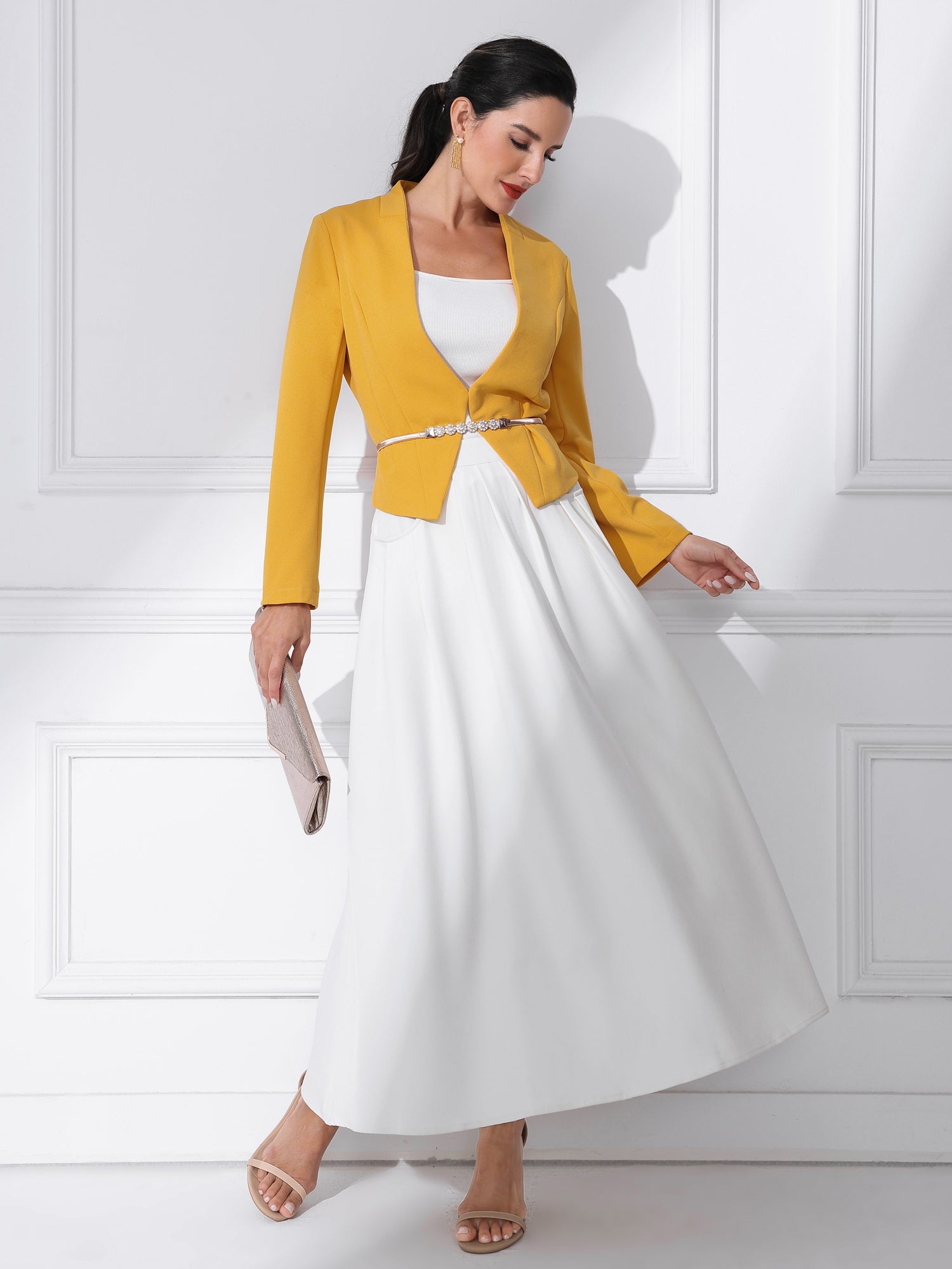 Solid Color Collarless Cropped Office Blazer Jacket