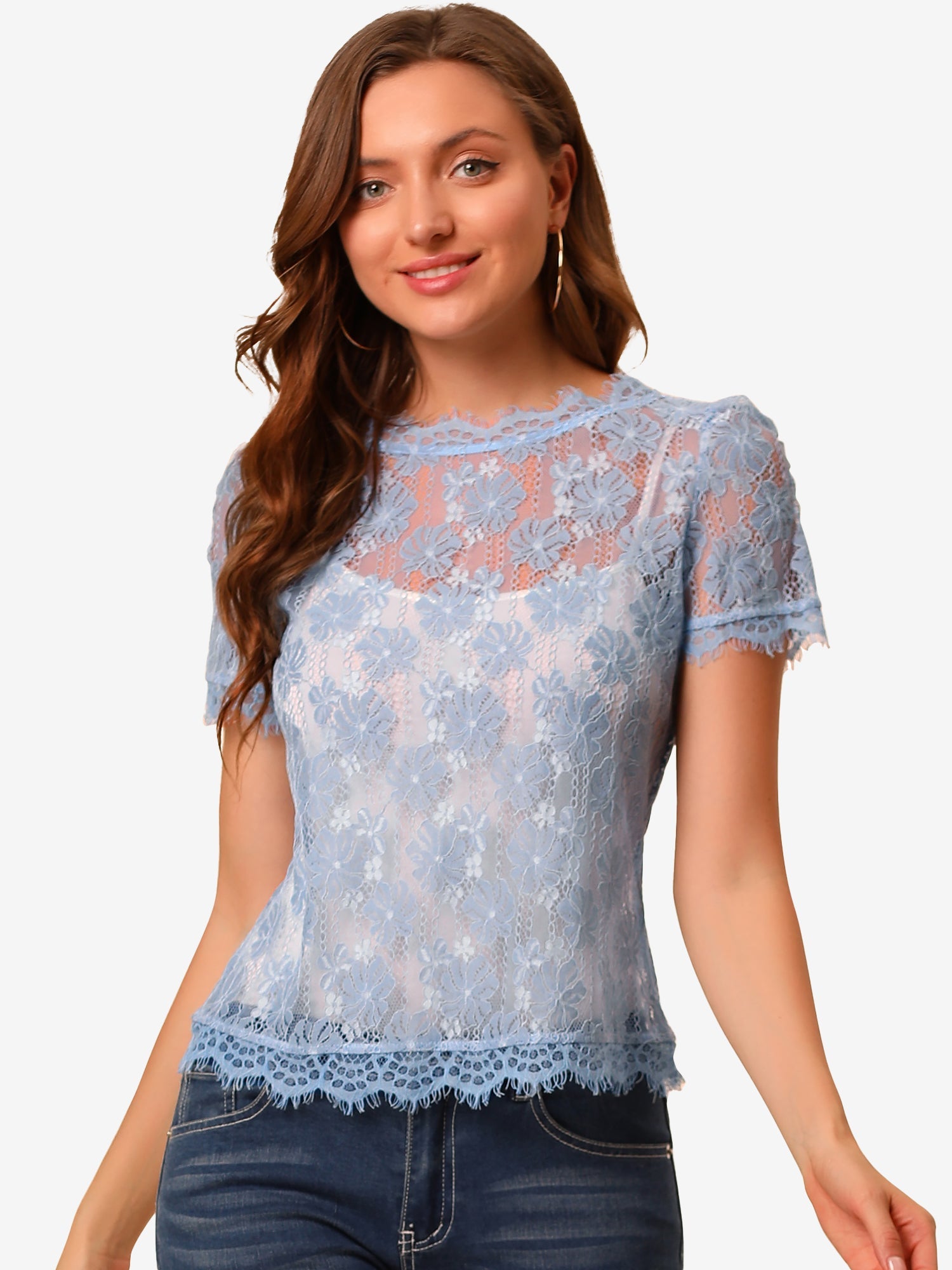 Lace Floral Scalloped Trim Short Sleeve Semi Sheer Blouse