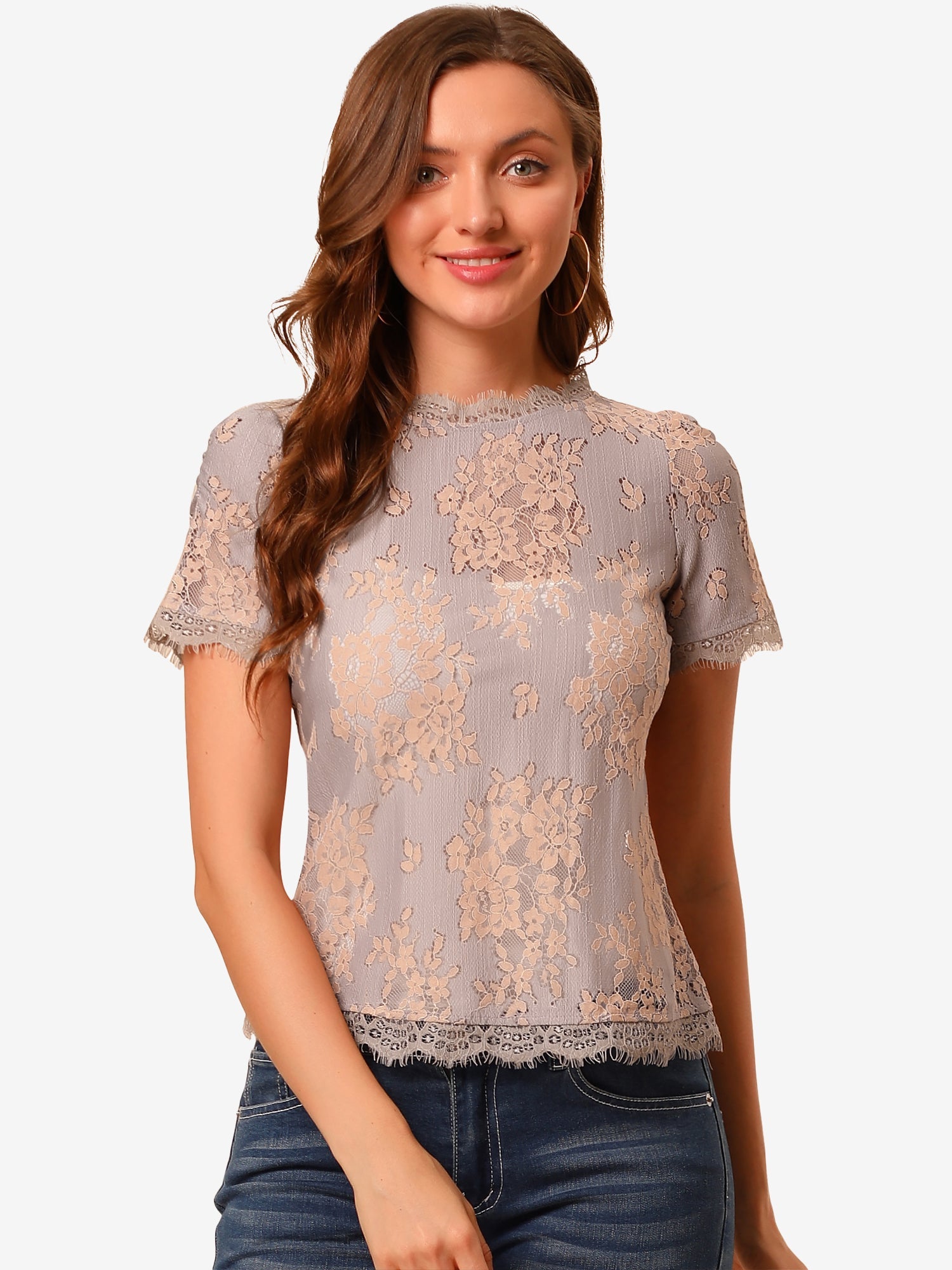Lace Floral Scalloped Trim Short Sleeve Semi Sheer Blouse