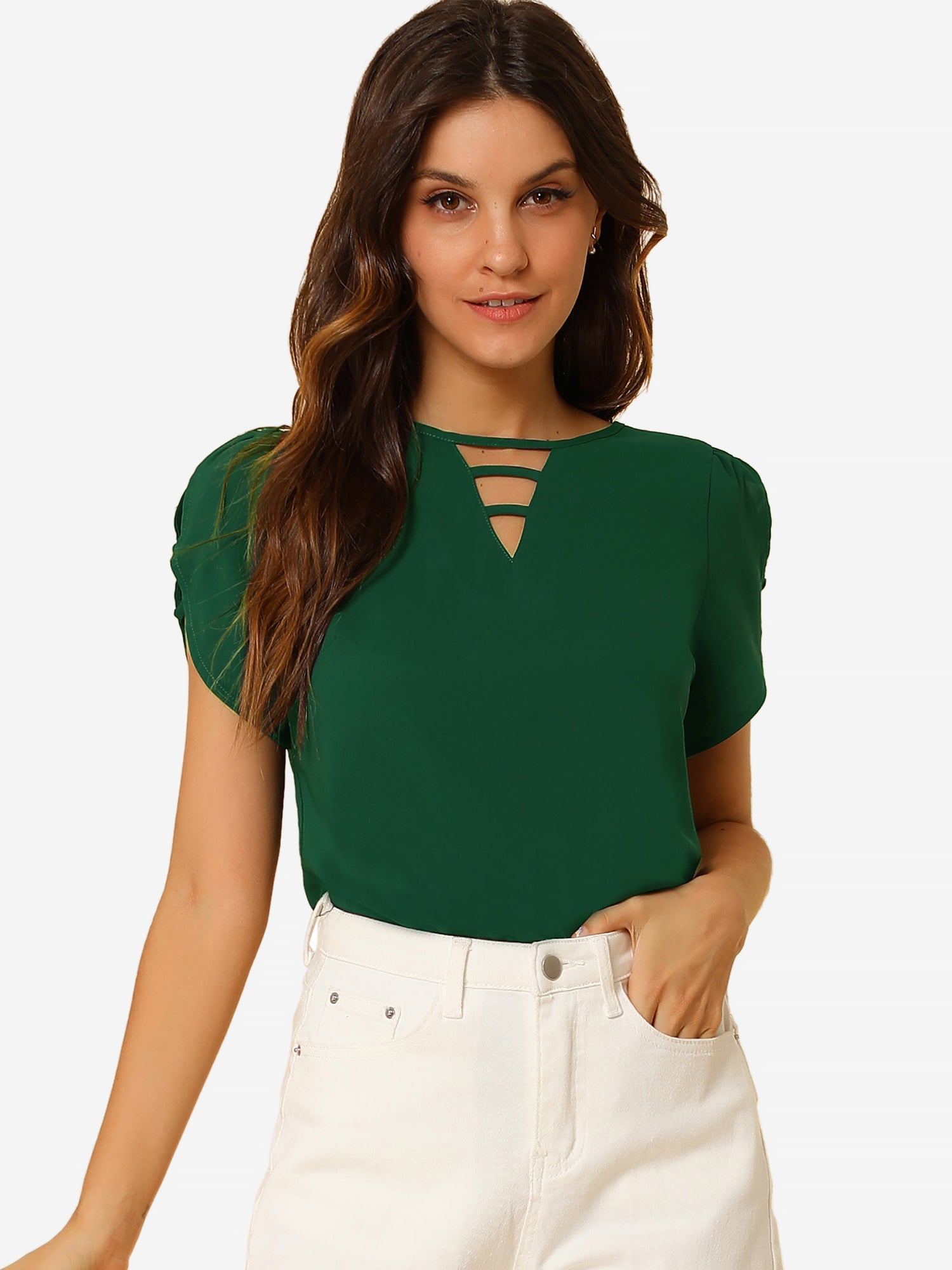 Cutout Round Neck Cap Sleeve Casual Top