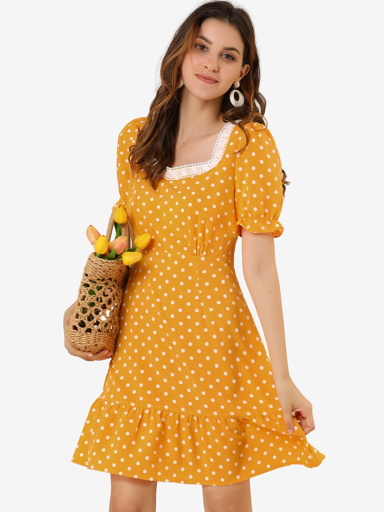 Summer Sweetheart Neck Ruffled Hem Puff Short Sleeve Polka Dots Dress