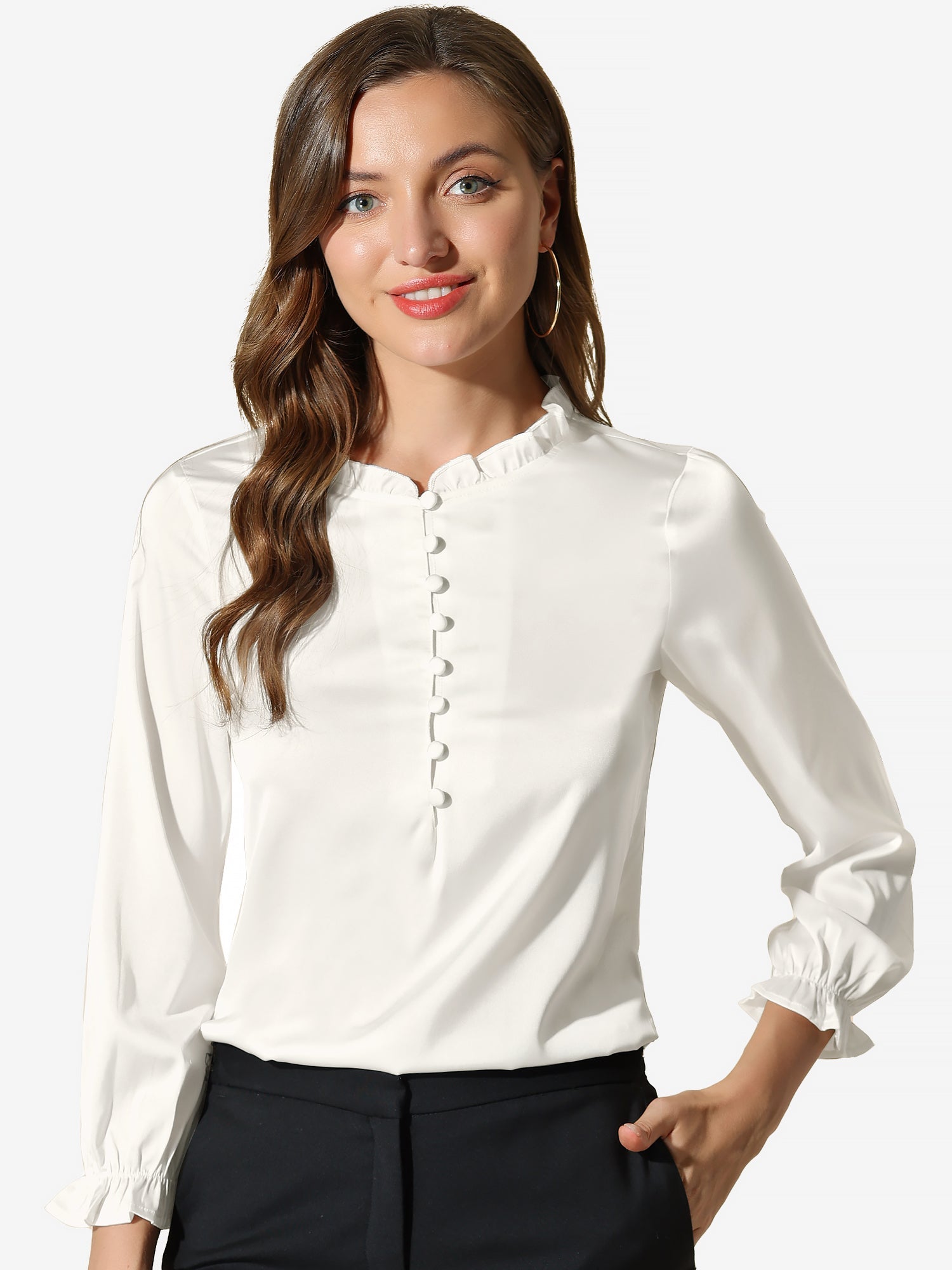 Ruffle Neck Bubble Sleeve Elastic Cuff Button Satin Blouse