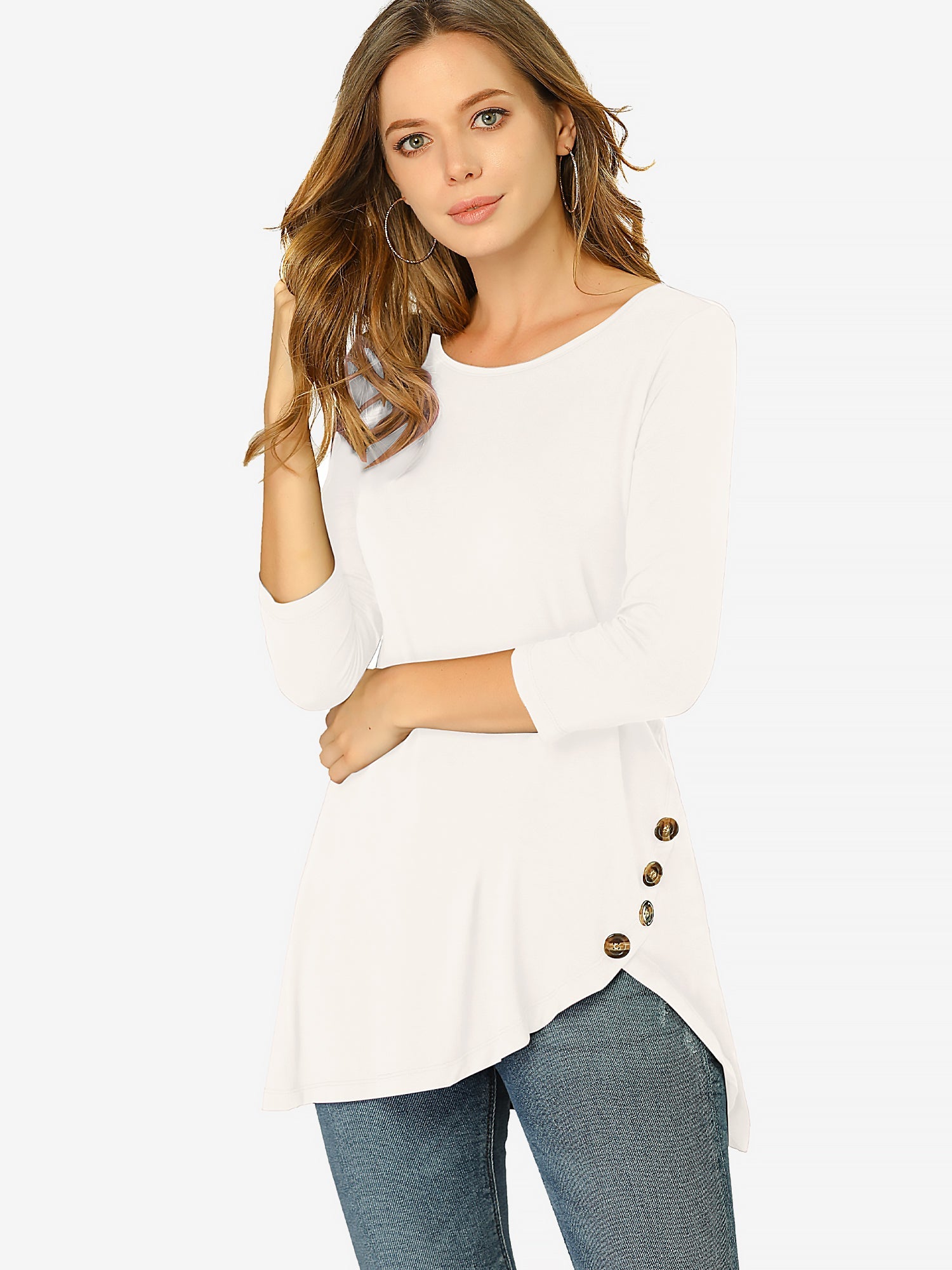 3/4 Sleeve Round Neck Button Decor Casual Stretchy Tunic Tops