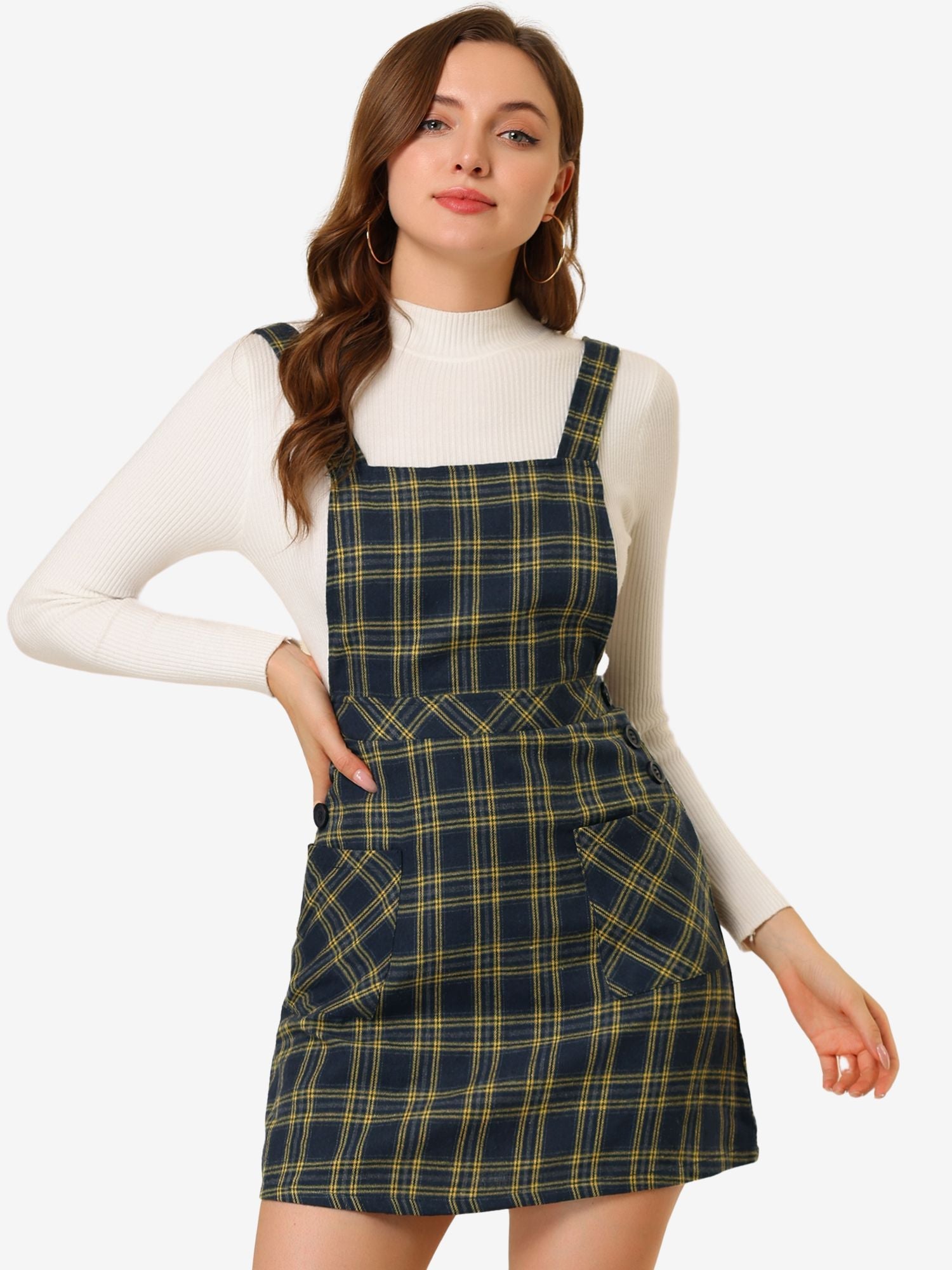 Plaid Tartan Button Decor A-Line Pinafore Overall Dress