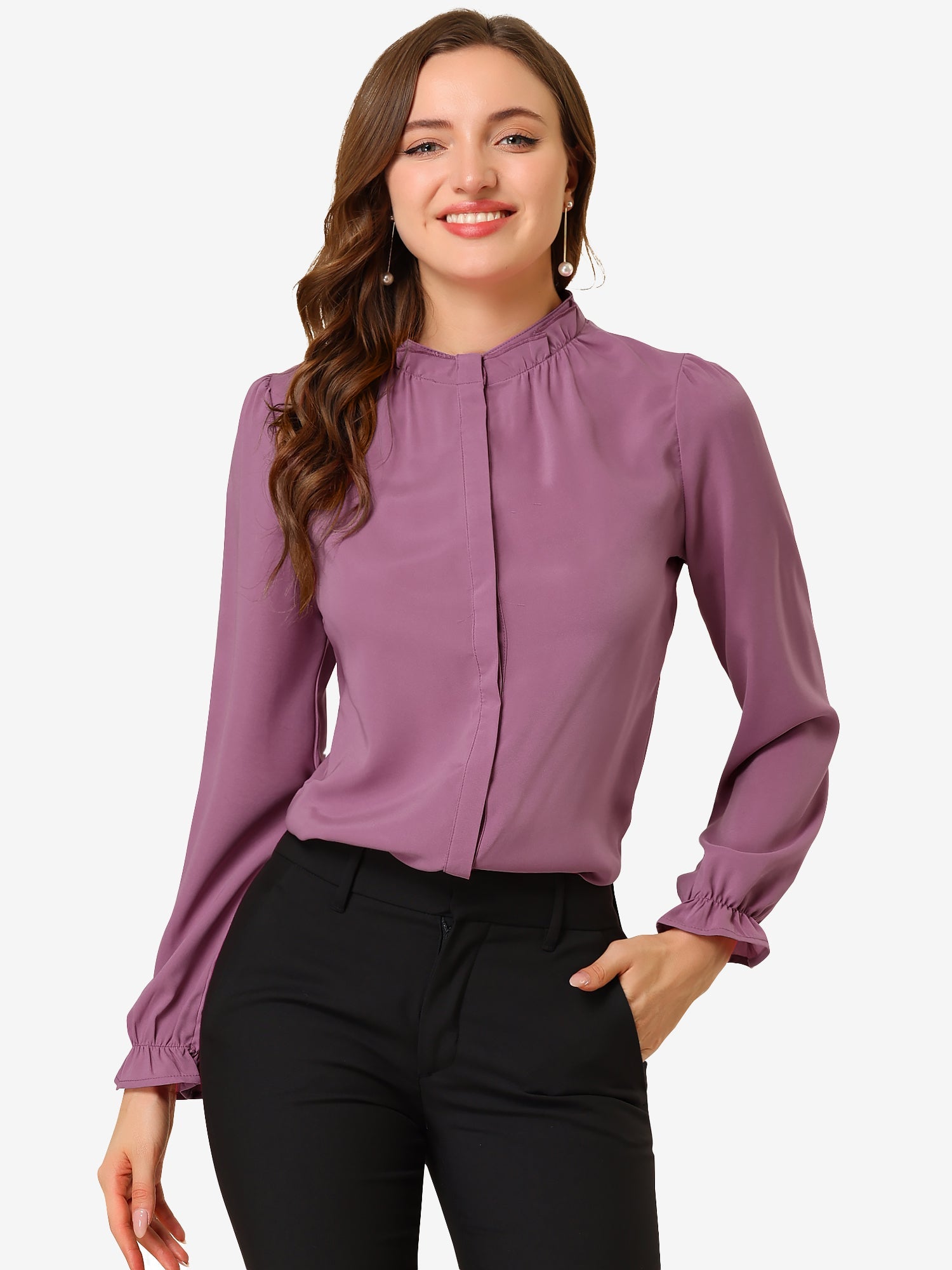 Work Office Blouse Button Up Ruffle Collar Long Sleeve Chiffon Shirt