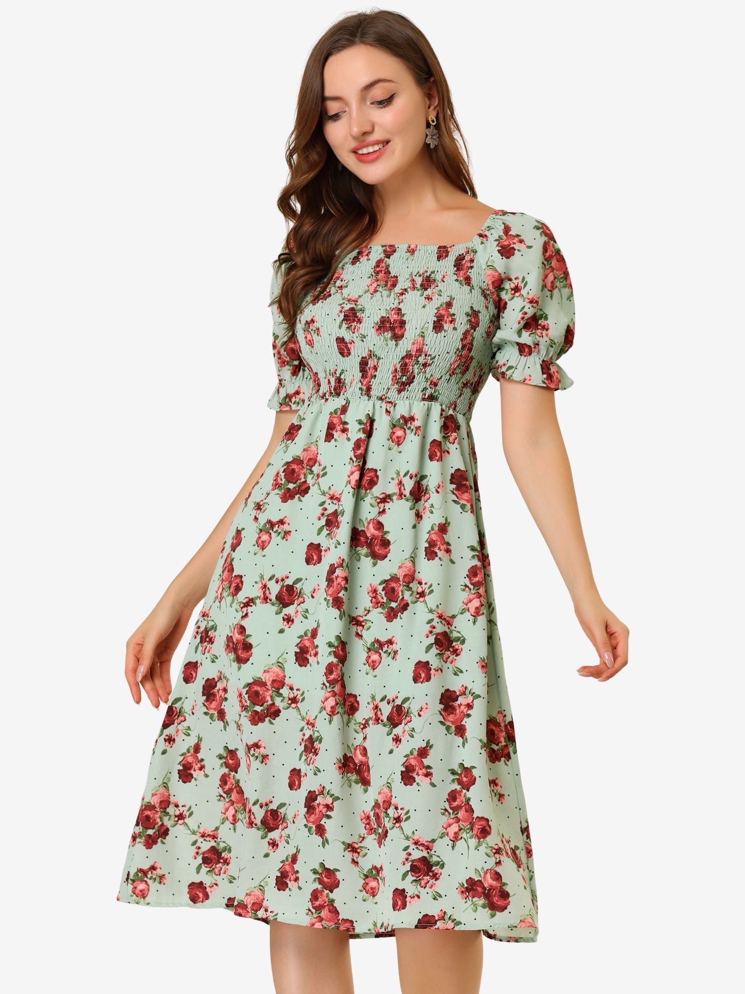 Square Neck Puff Sleeve Shirred Floral Casual Midi Dress