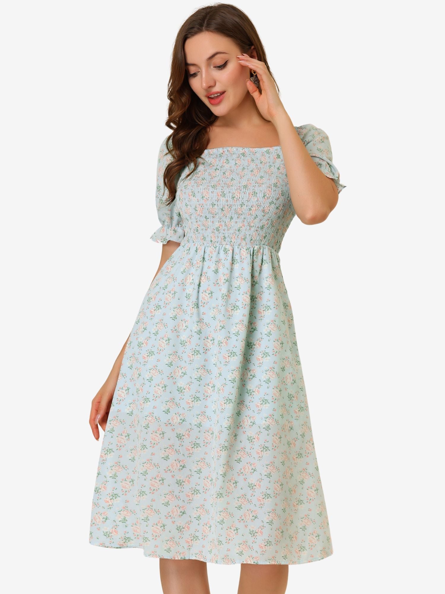 Square Neck Puff Sleeve Shirred Floral Casual Midi Dress