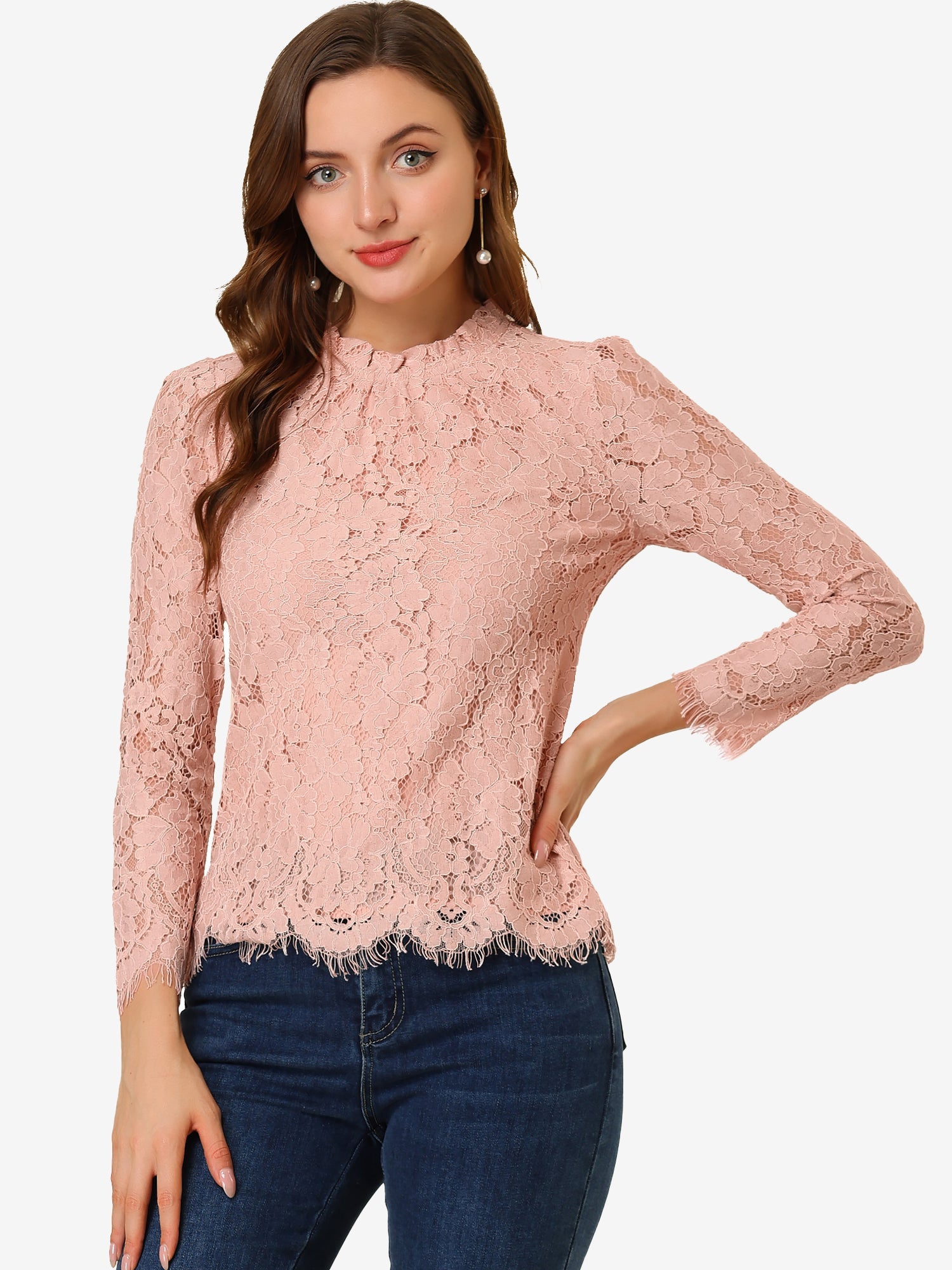 Lace Long Sleeve Ruffle Stand Neck Floral Blouse