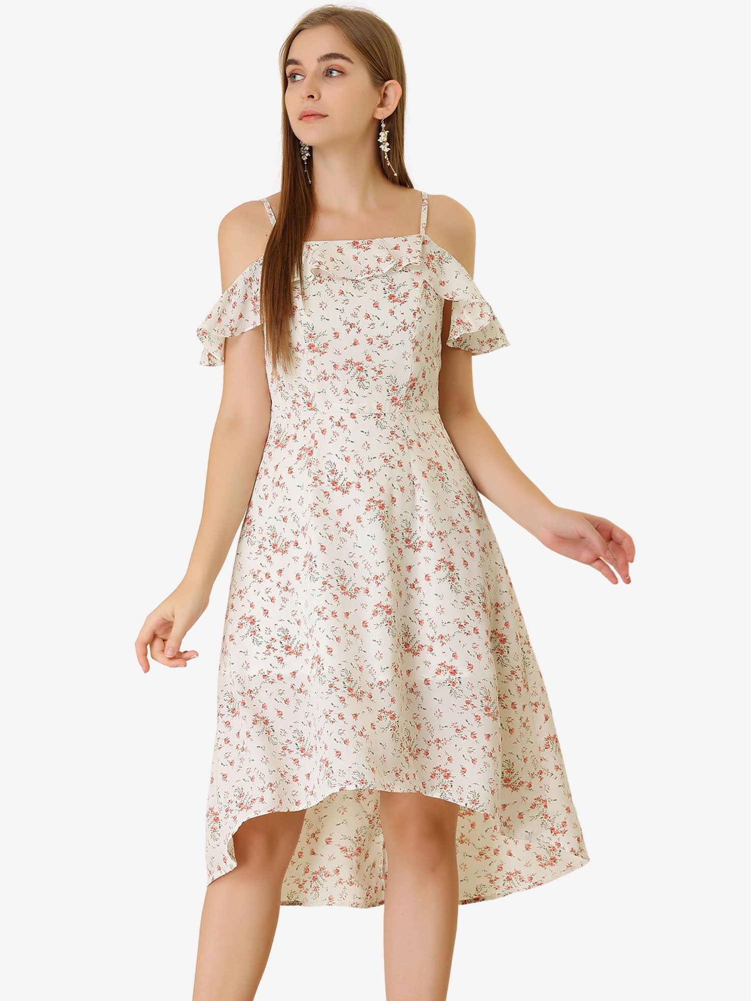 Spaghetti Strap Asymmetrical High Low Floral A-Line Midi Dress