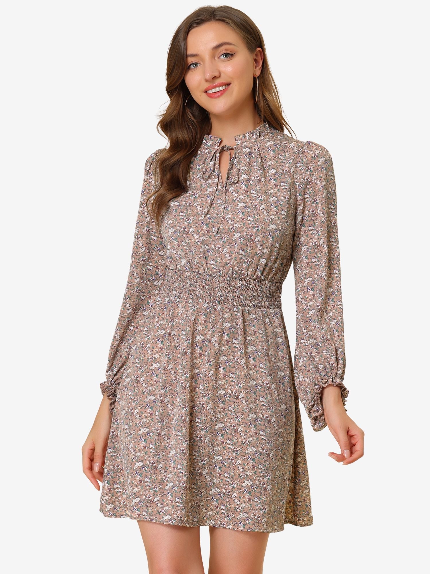 Smocked Waist Tie Neck Floral Long Sleeve Dress