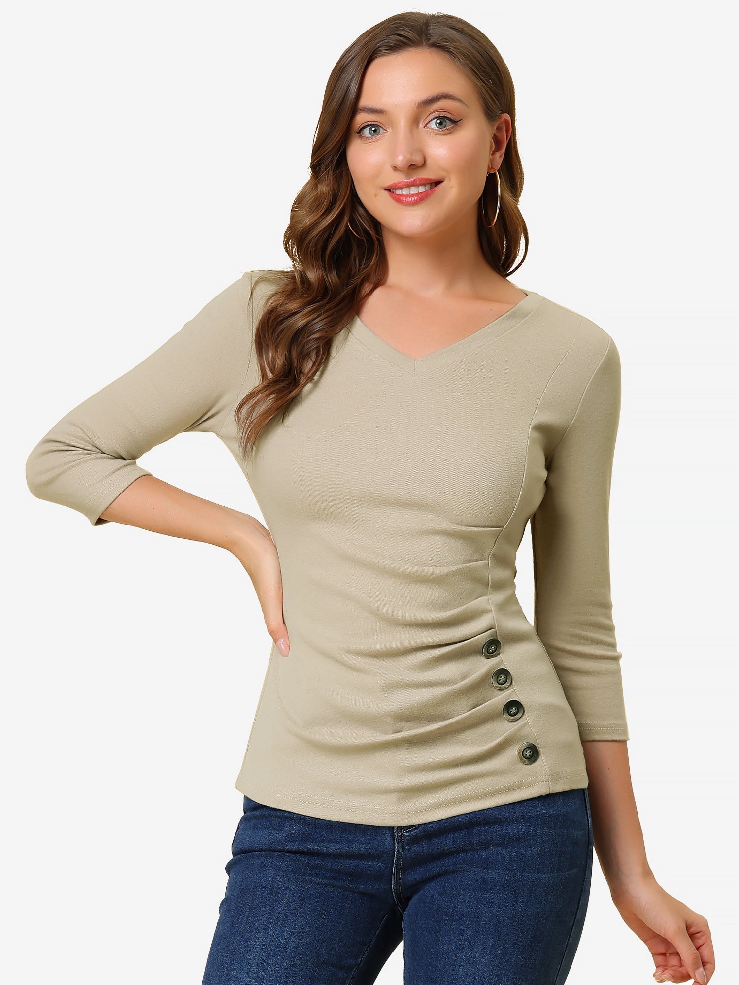 3/4 Sleeve Solid Knitted Button Decor Ruched Blouse