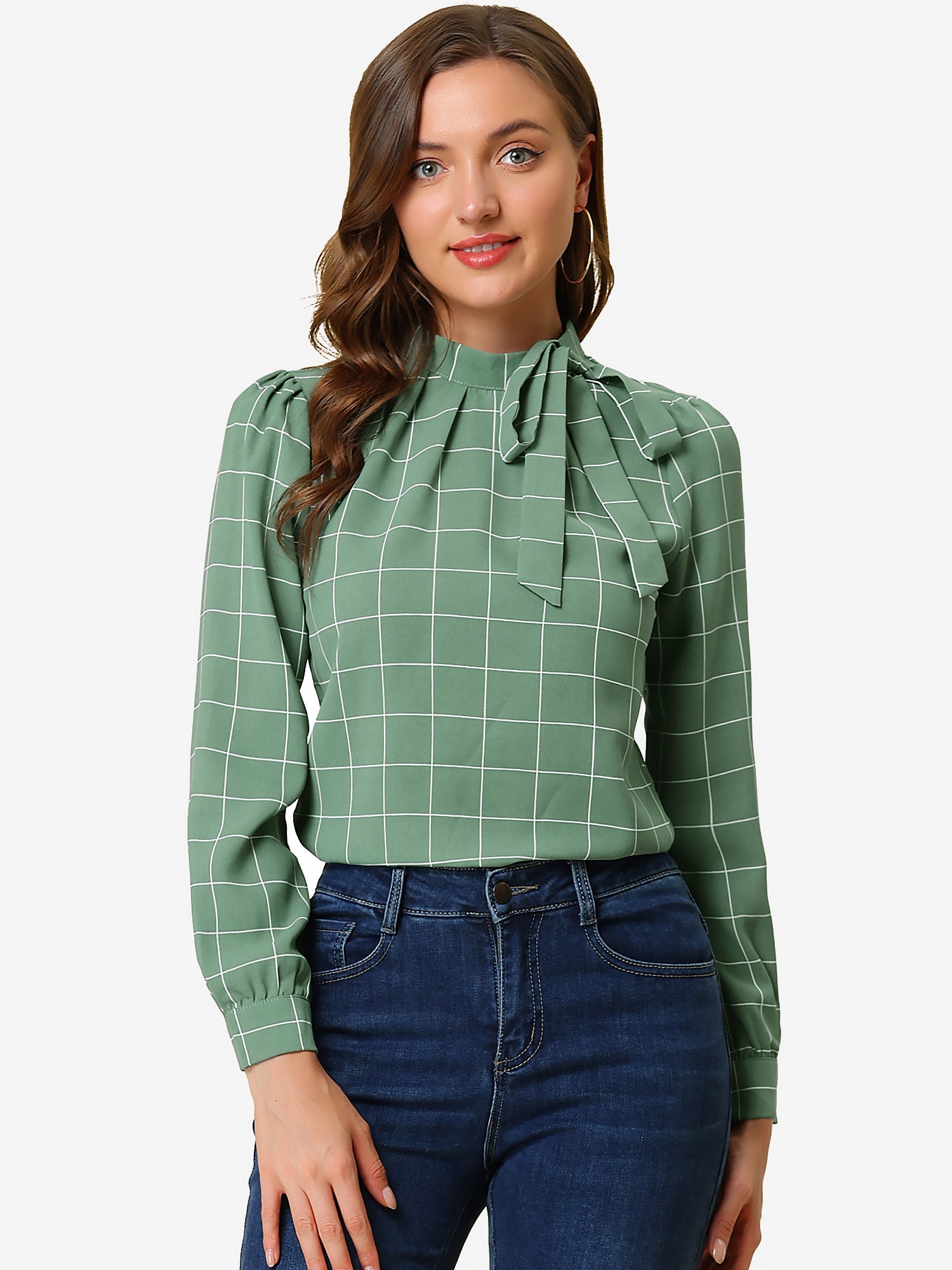Bow Tie Neck Grid Checks Shirt Office Work Tops Blouse