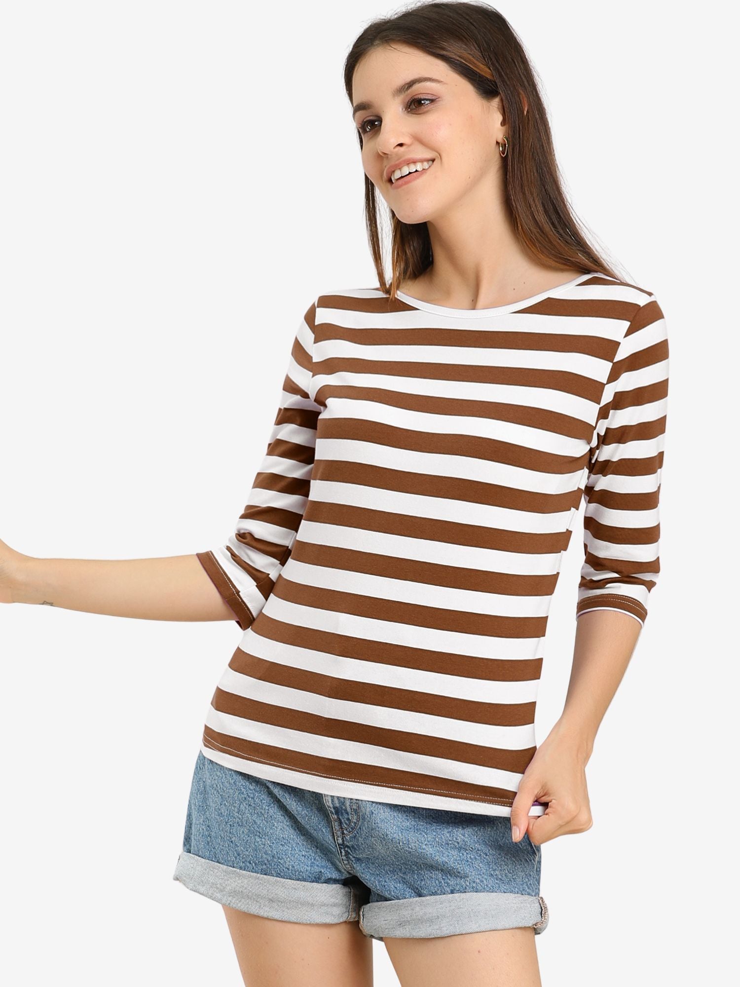3/4 Sleeve Round Neck Casual Striped T-Shirt