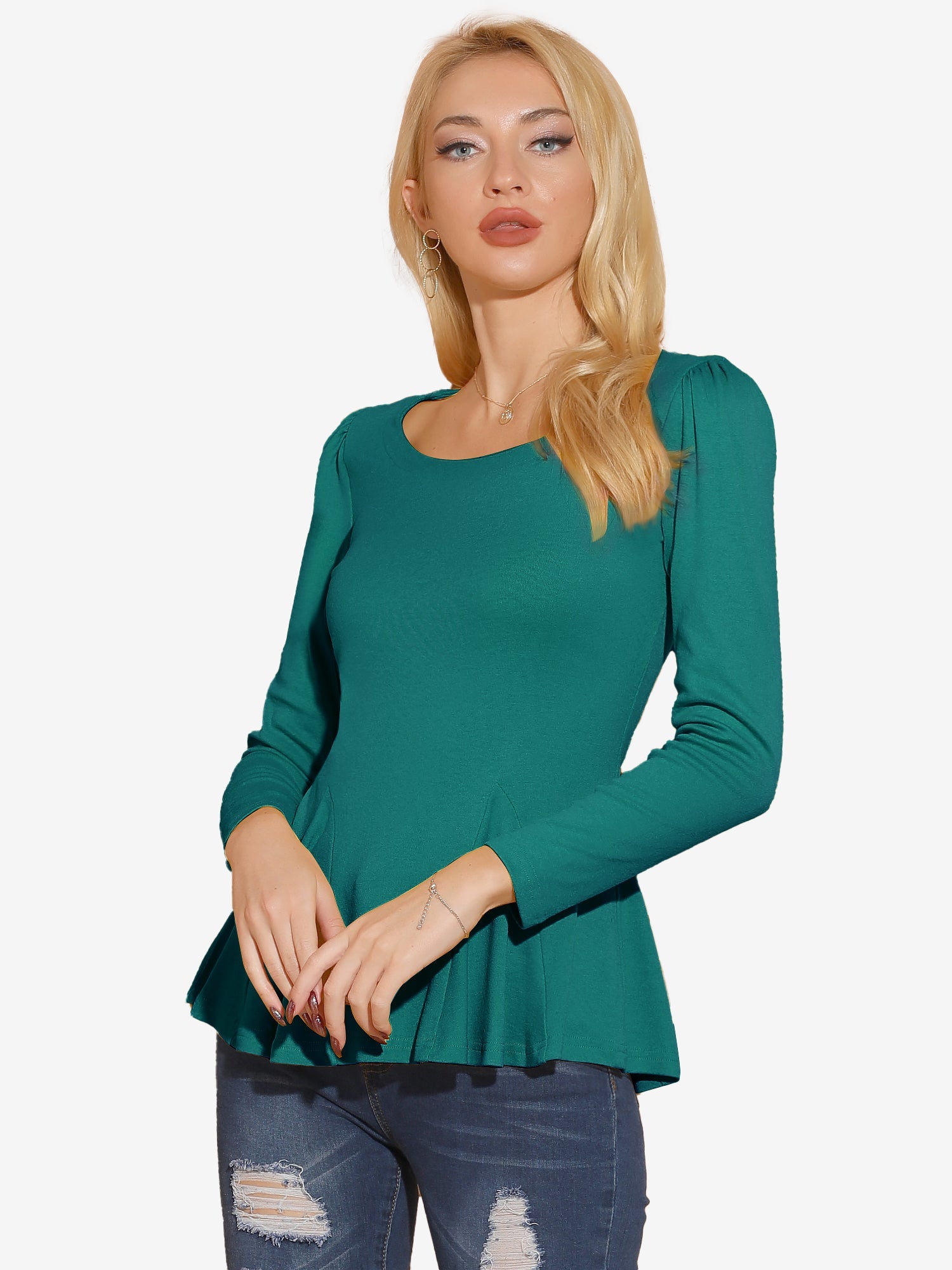 Long Sleeve Scoop Neck Casual Peplum Blouse