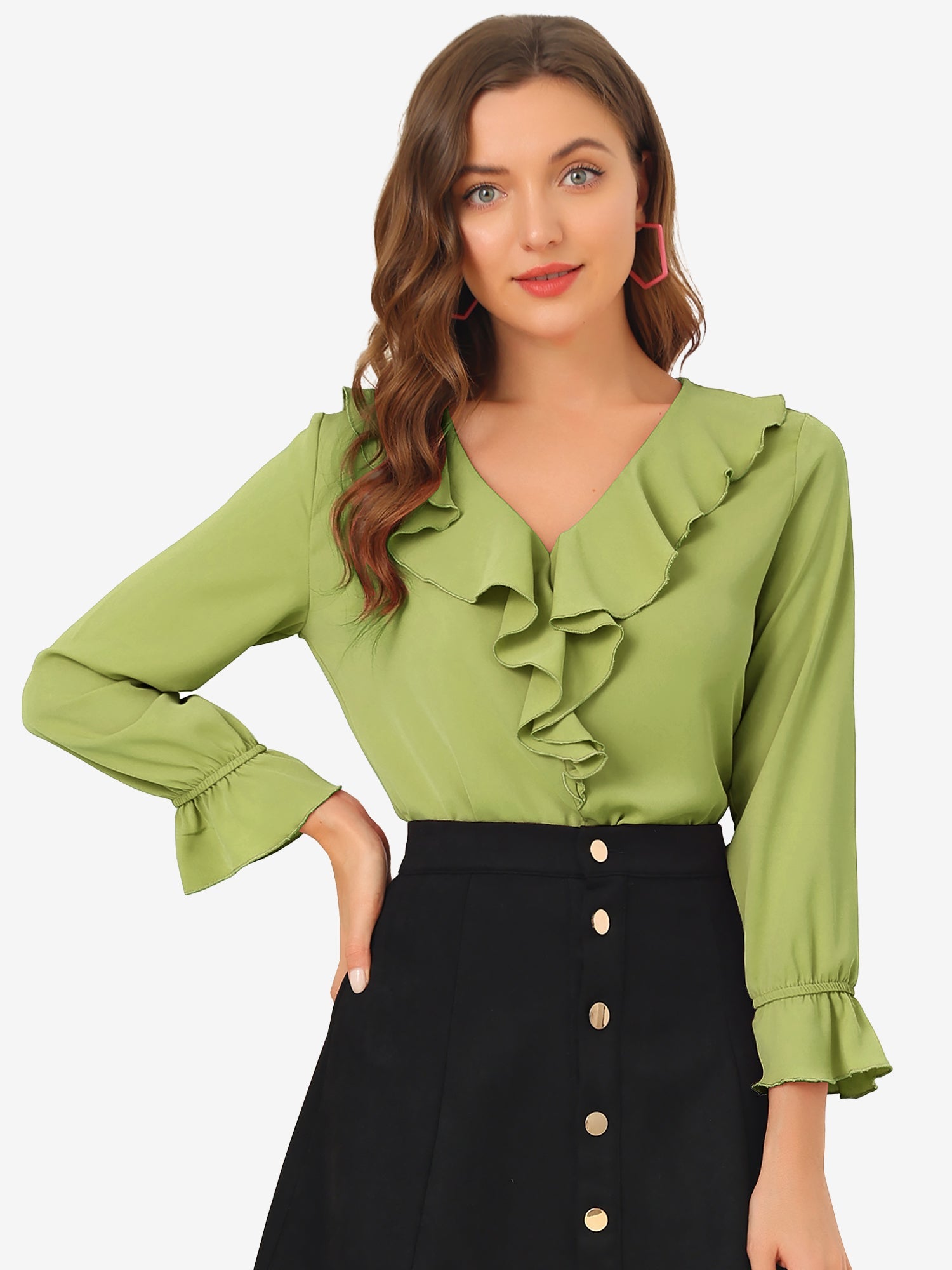 Ruffle Neck Gathered Cuff Long Sleeves Blouse