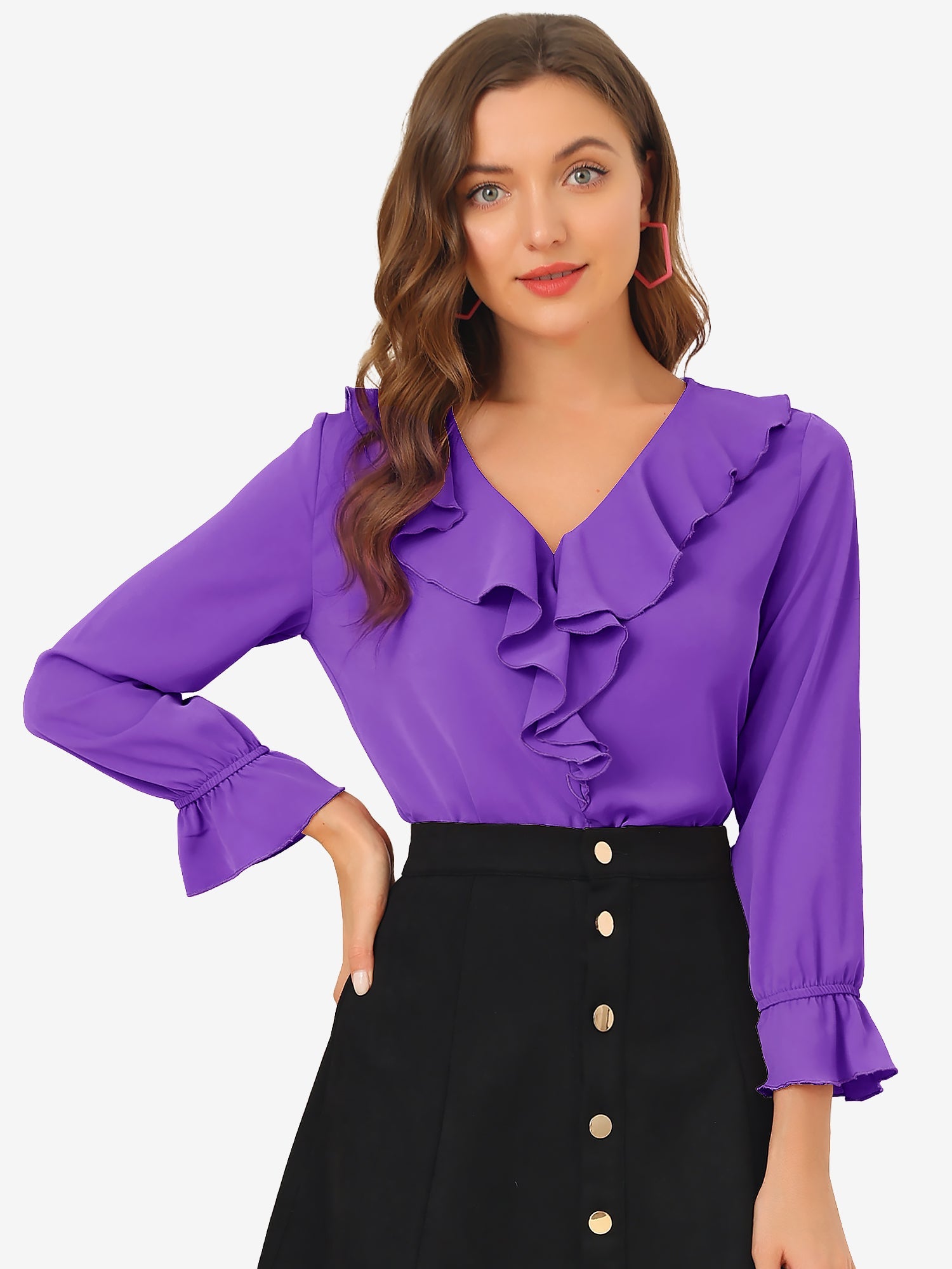 Ruffle Neck Gathered Cuff Long Sleeves Blouse