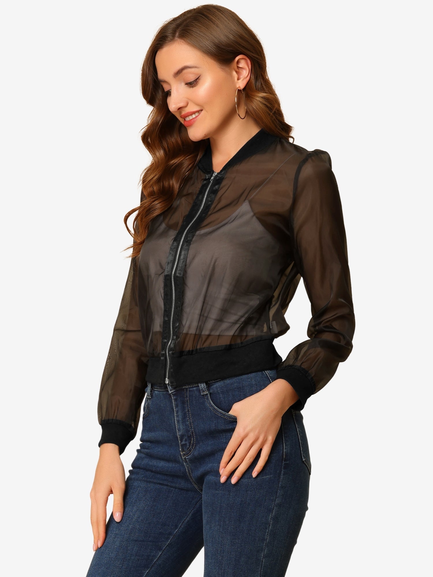 Zip Up See Through Lightweight Long Sleeve Mesh Bomber Jacket