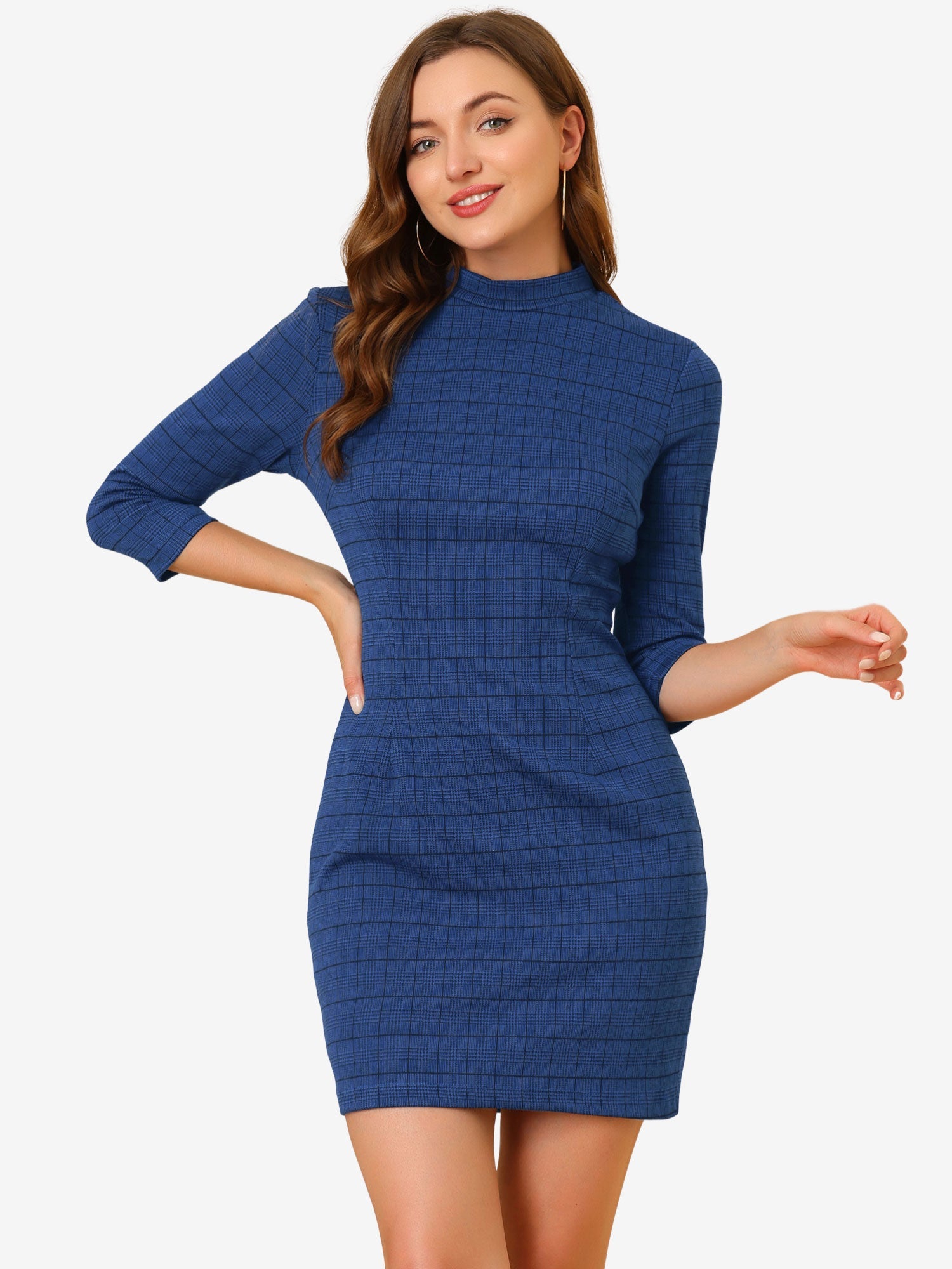 Mock Neck 3/4 Sleeve Slim Check Office Work Plaid Dress