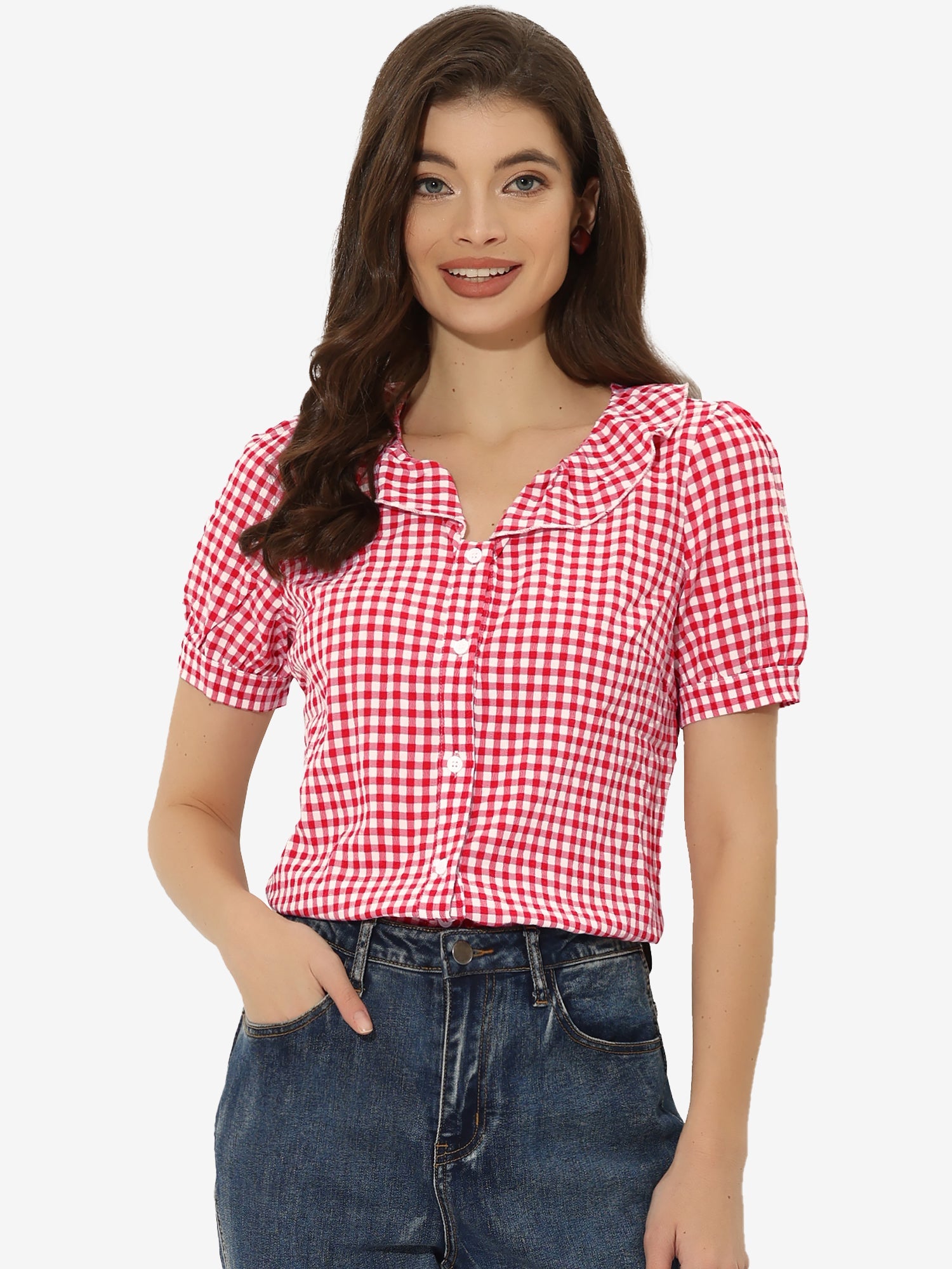Plaid Blouse Puff Sleeve Ruffle Peter Pan Collar Shirt Top