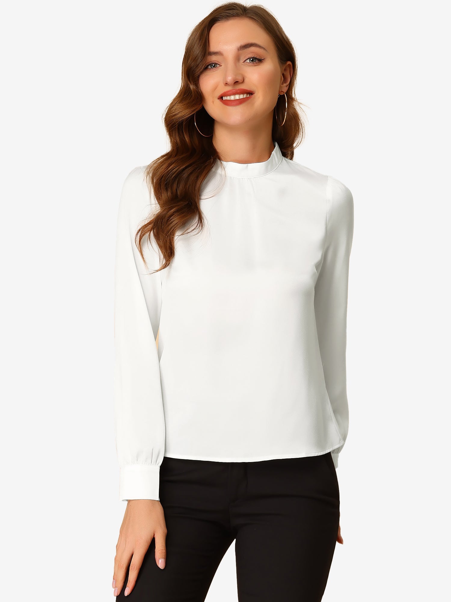 Satin Blouse Puff Sleeve Stand Collar Work Top