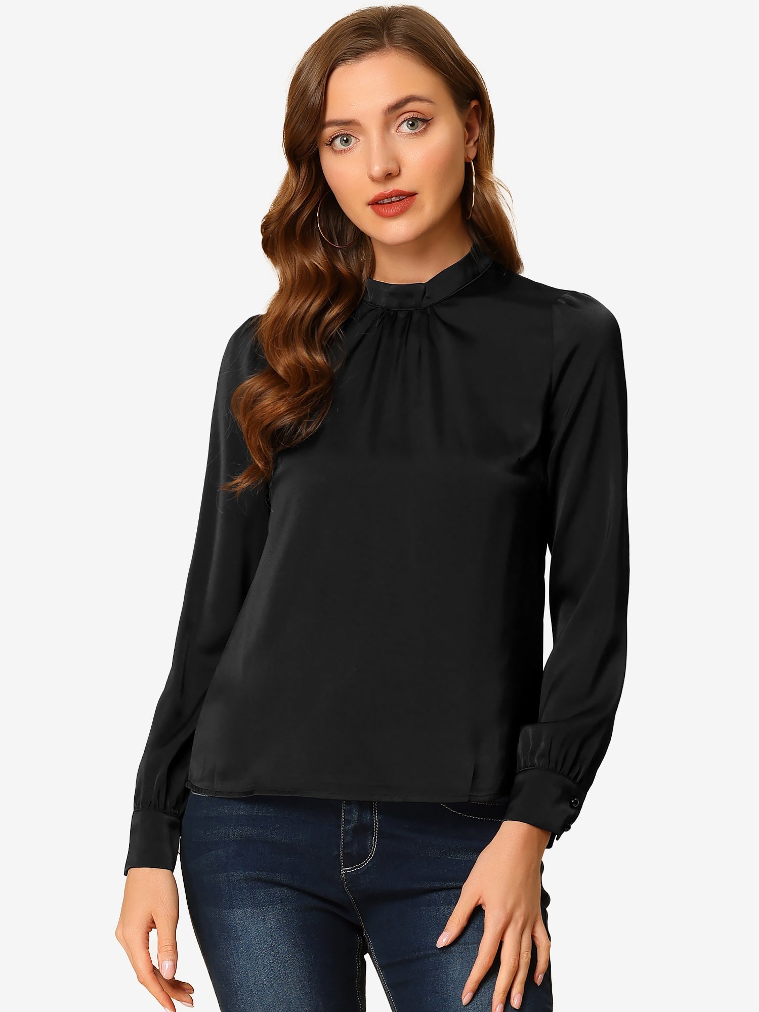 Satin Blouse Puff Sleeve Stand Collar Work Top