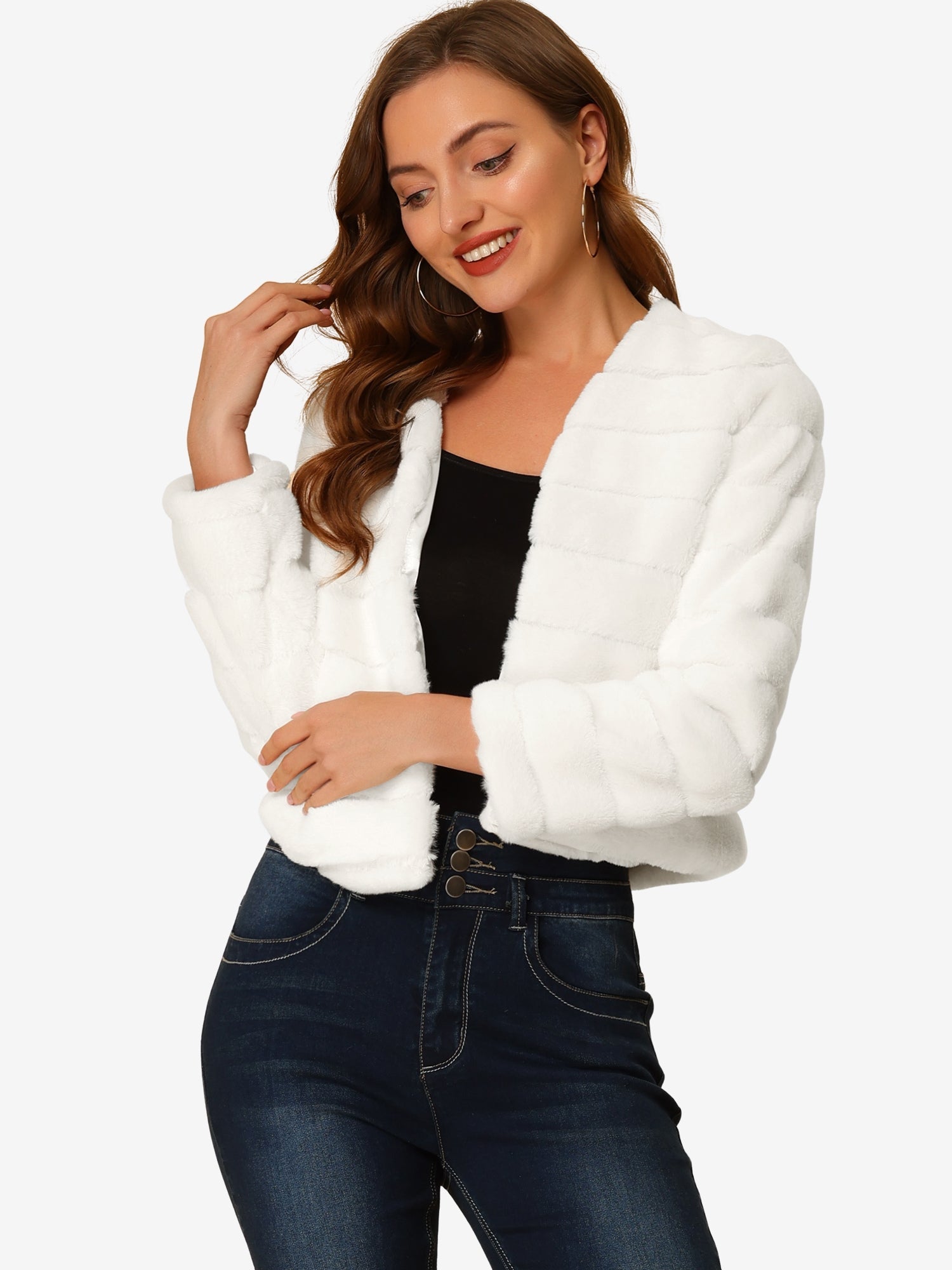 Winter Warm Cropped Collarless Faux Fur Fluffy Jacket