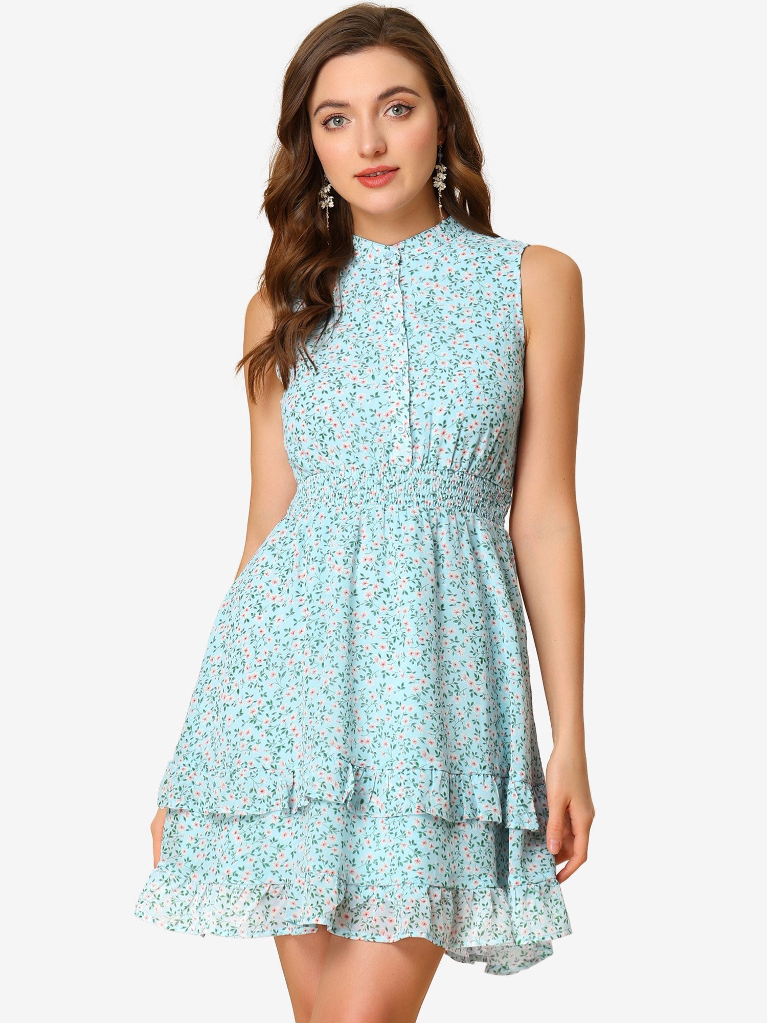 Floral A-line Smocked Waist Tiered Ruffled Chiffon Mini Dress