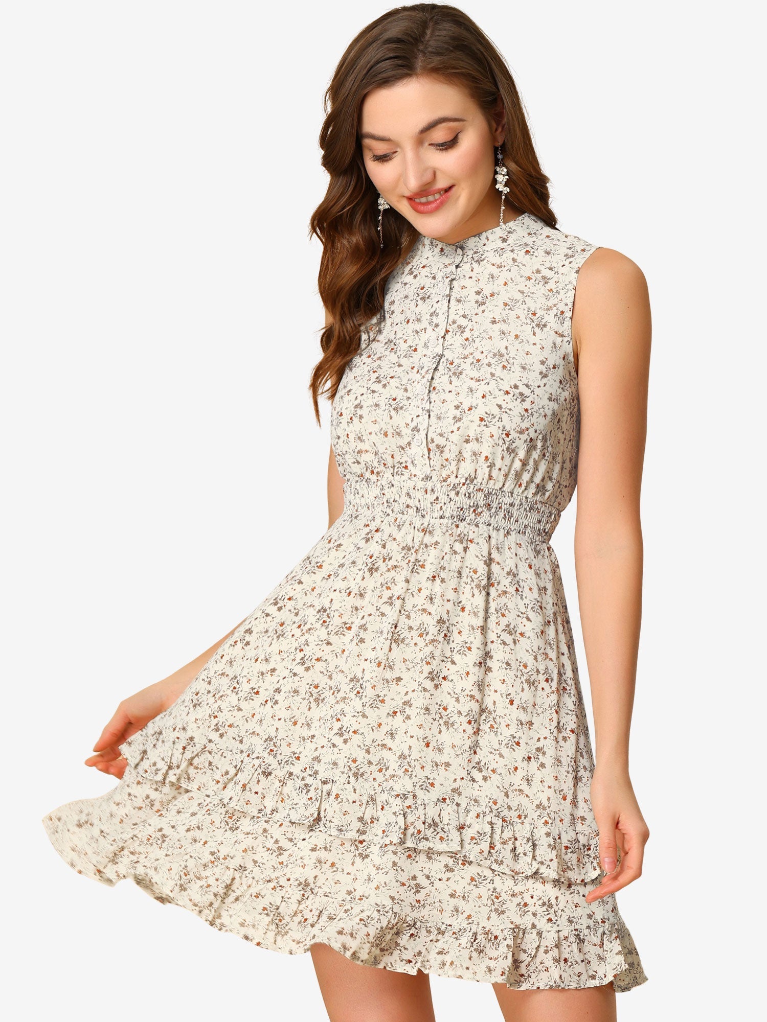 Floral A-line Smocked Waist Tiered Ruffled Chiffon Mini Dress