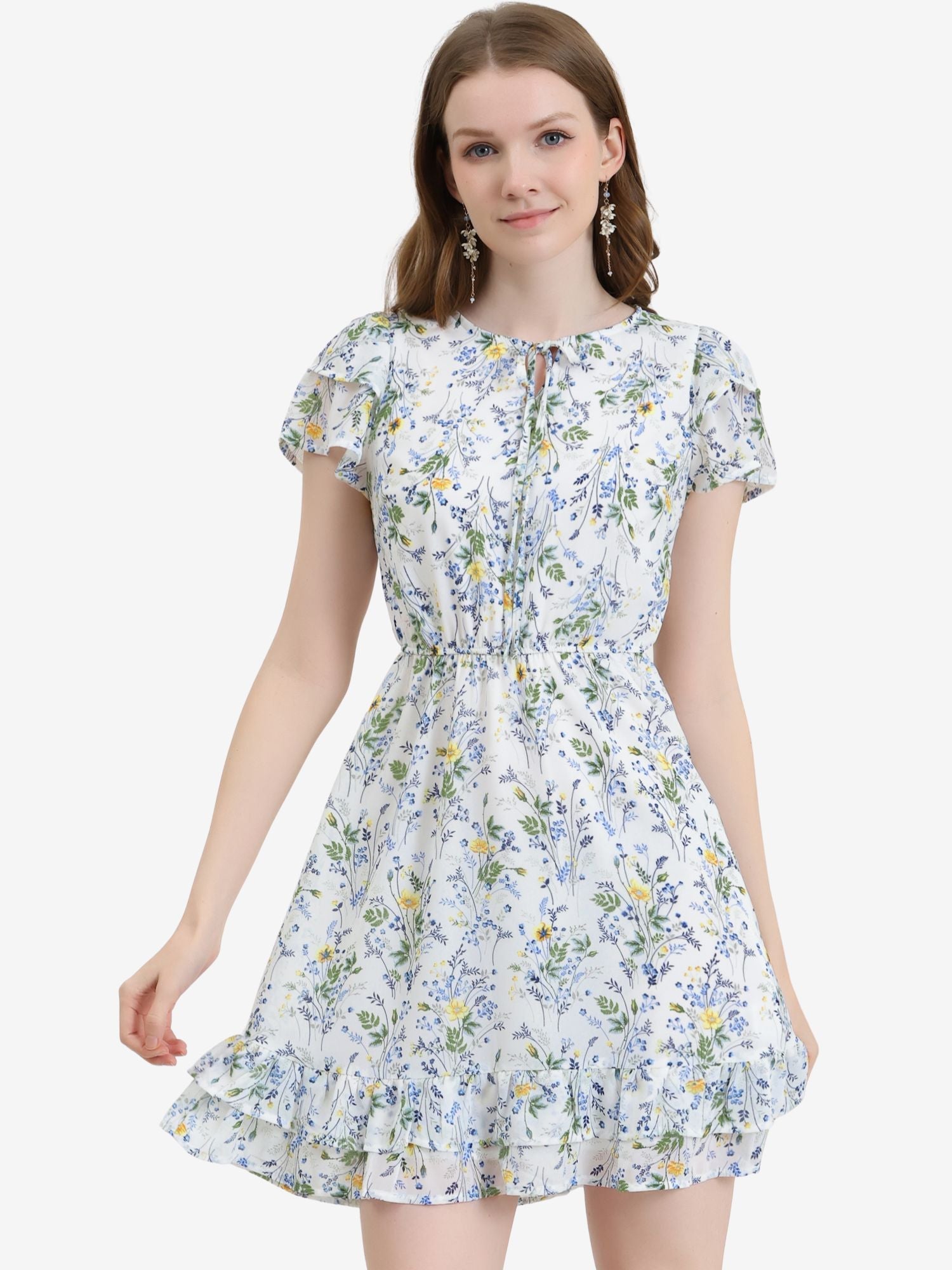 Ruffle Sleeve V Neck Above Knee A-Line Floral Chiffon Dress