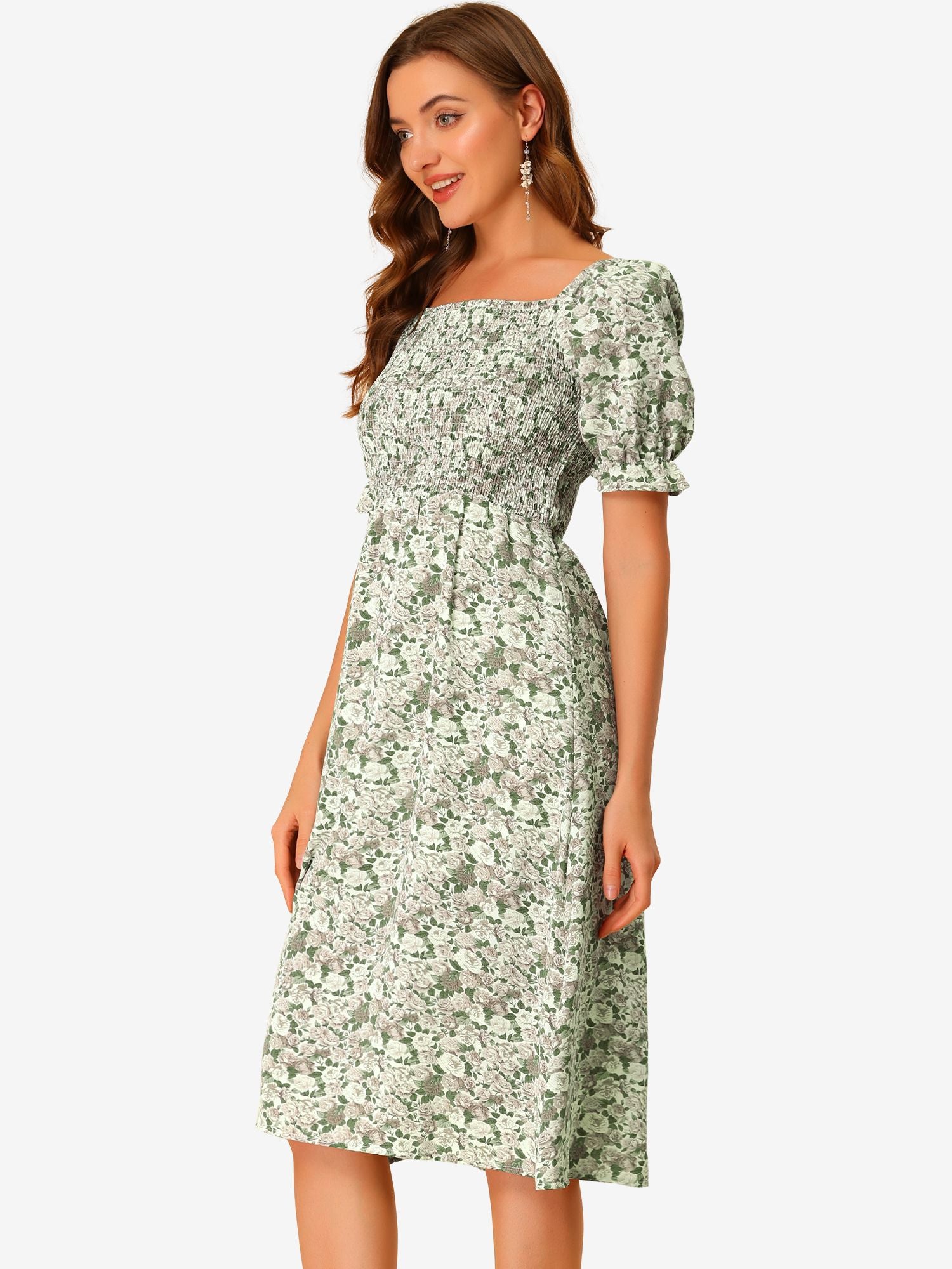 Square Neck Puff Sleeve Shirred Floral Casual Midi Dress
