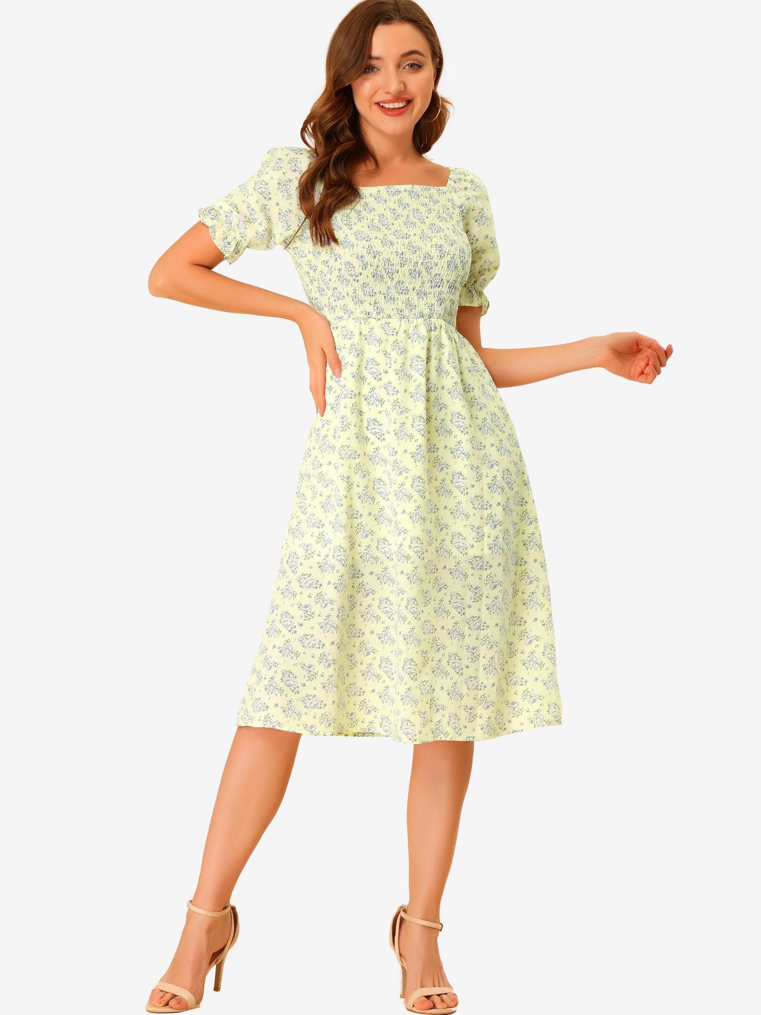 Square Neck Puff Sleeve Shirred Floral Casual Midi Dress