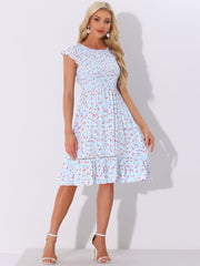 Midi Smocked Cap Short Sleeve Floral Fit and Flare Dress