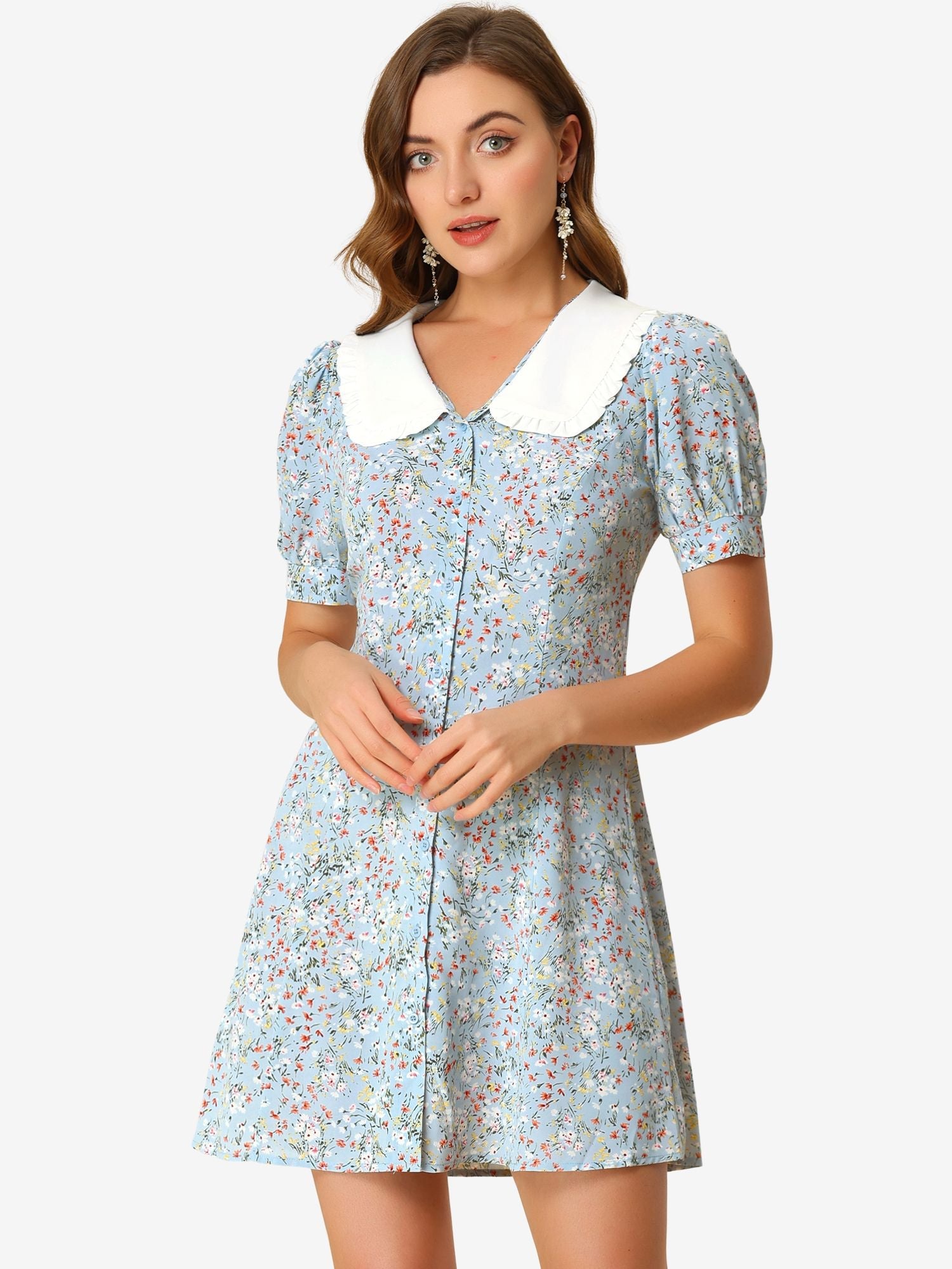Peter Pan Collar Flowy Short Sleeve Ruffle Summer Floral Shirt Dress