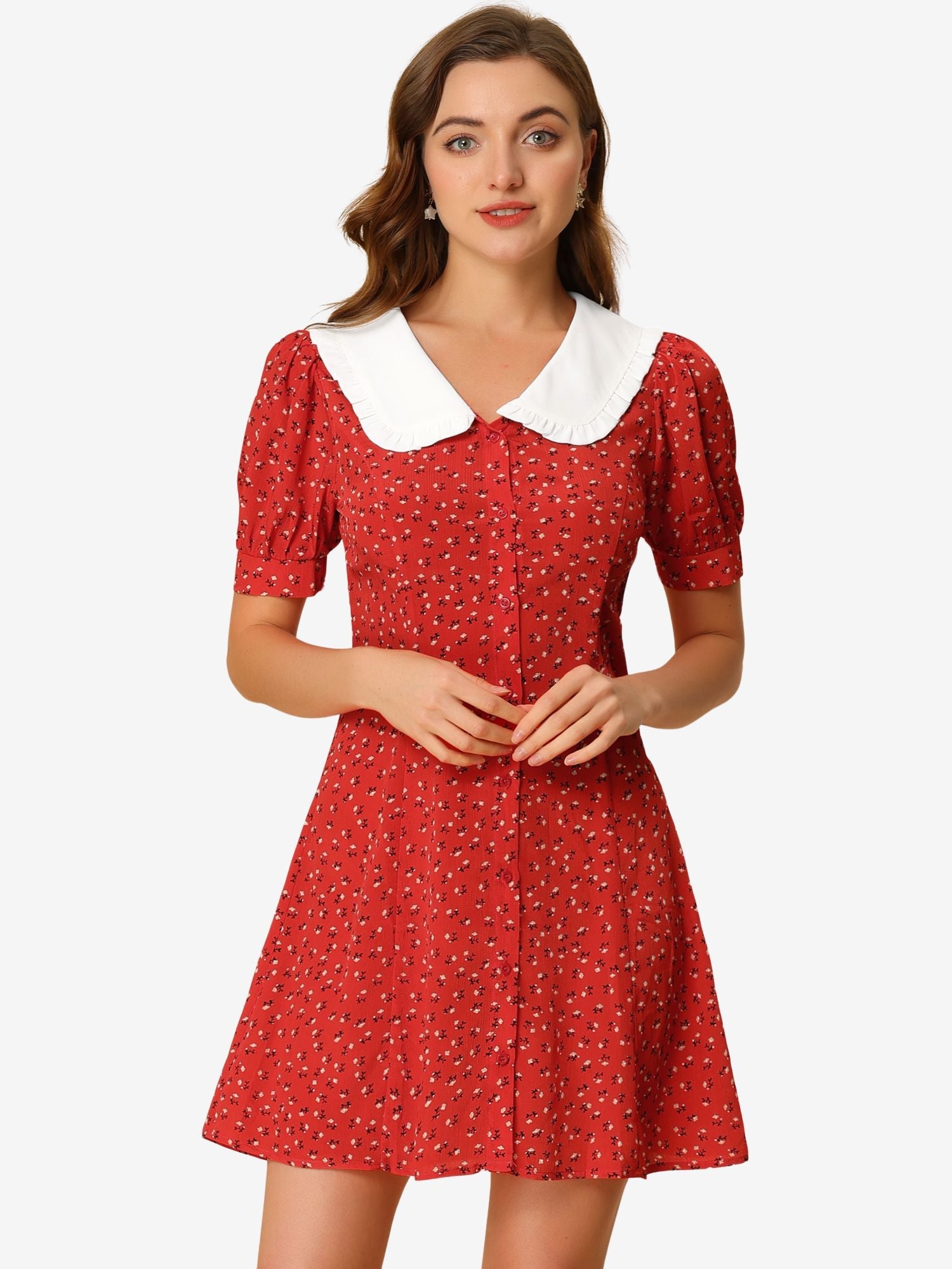 Peter Pan Collar Flowy Short Sleeve Ruffle Summer Floral Shirt Dress