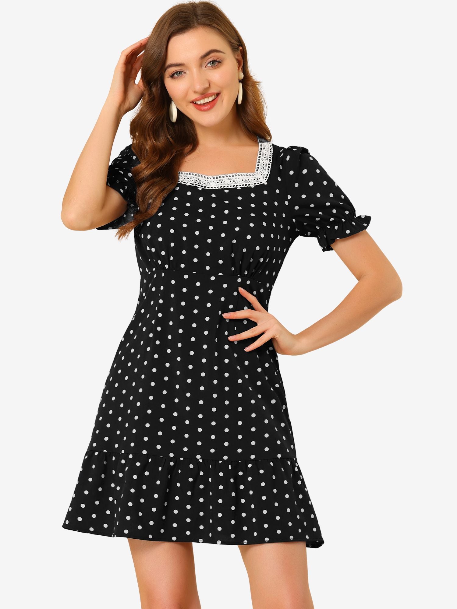 Summer Sweetheart Neck Ruffled Hem Puff Short Sleeve Polka Dots Dress