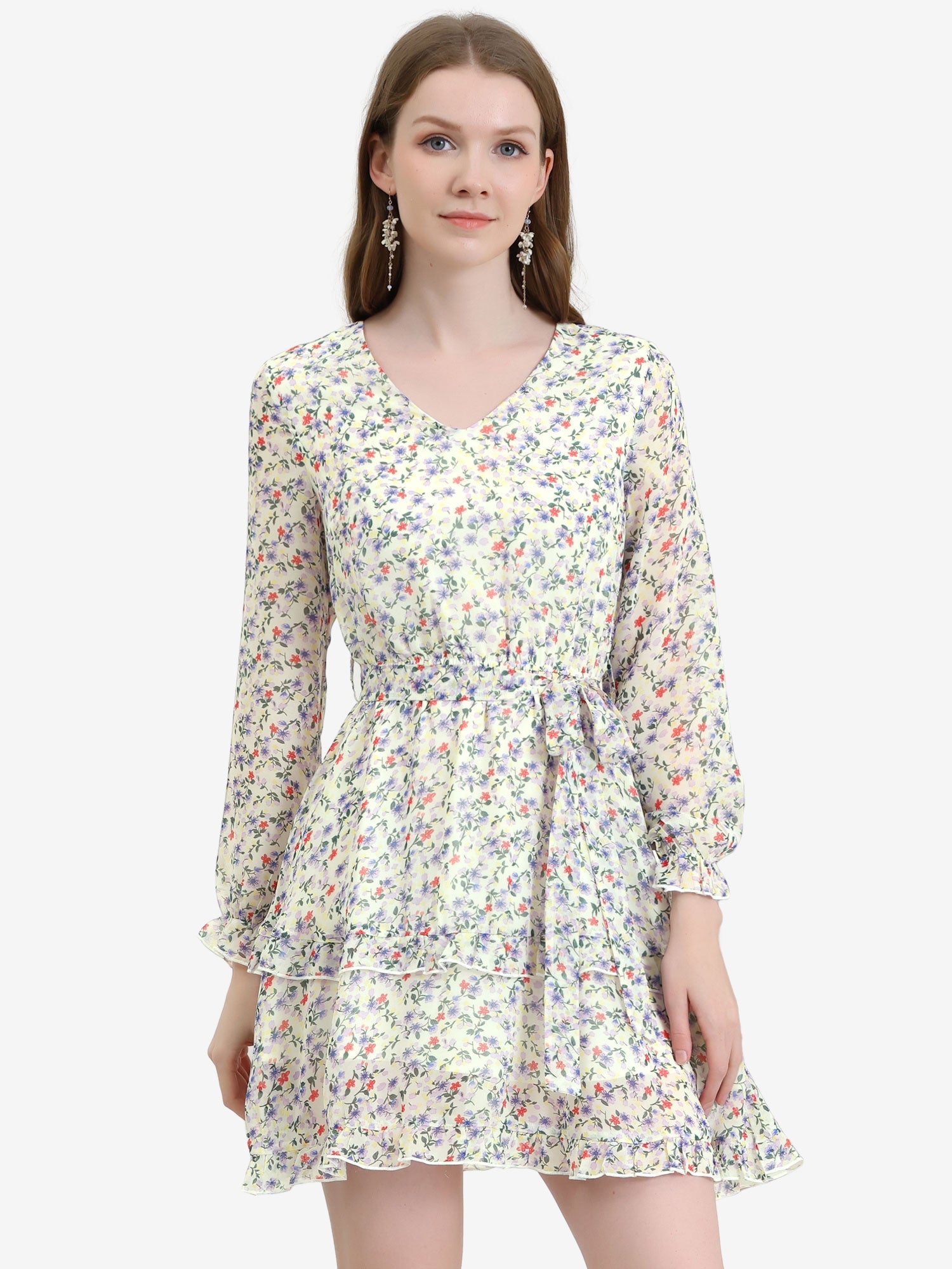 Long Sleeve V Neck Elastic Waist Ruffle Hem Chiffon Floral Dress