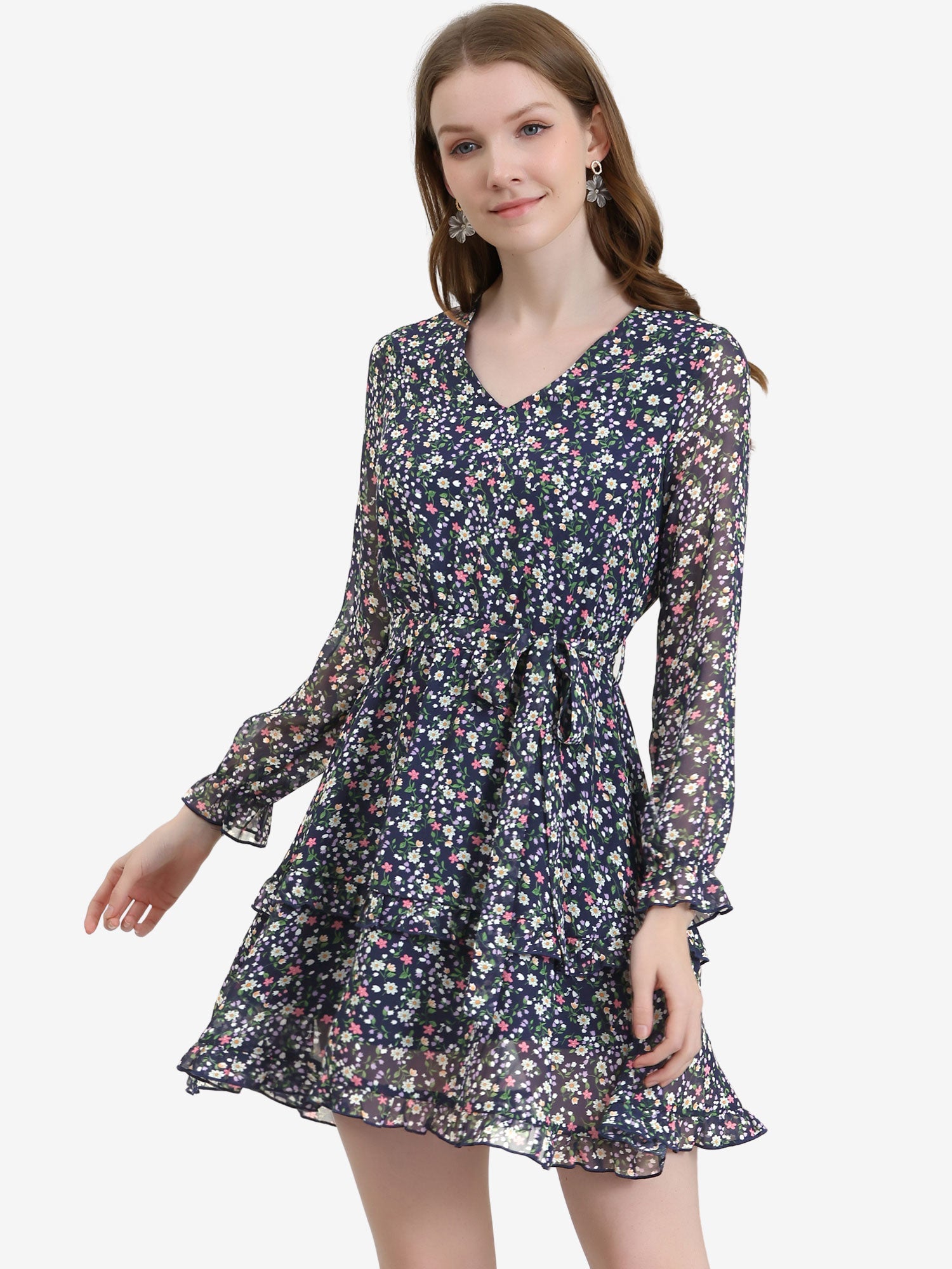 Long Sleeve V Neck Elastic Waist Ruffle Hem Chiffon Floral Dress
