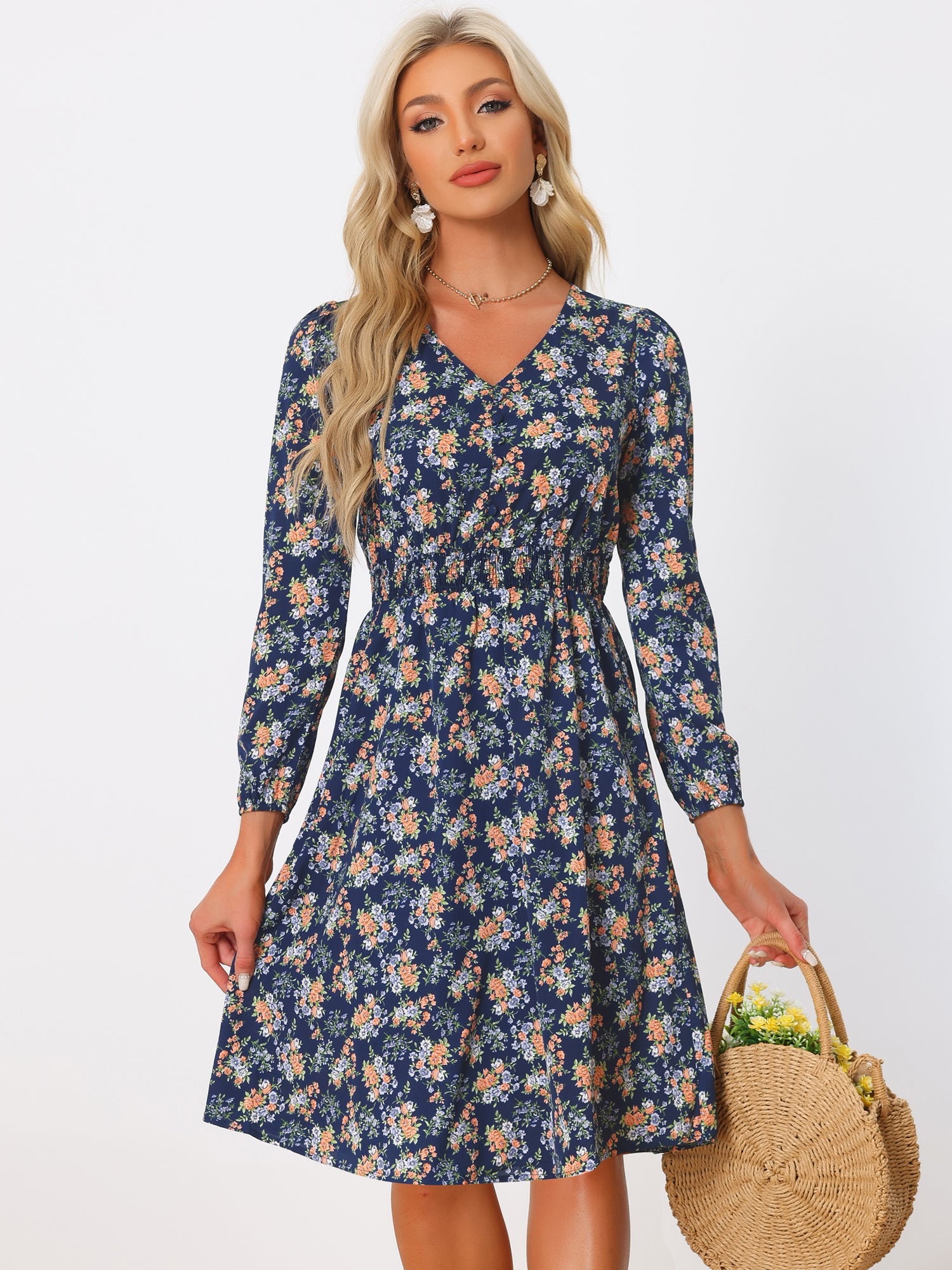 Floral Print V-Neck Long Sleeve Smocked Waist Midi Dress