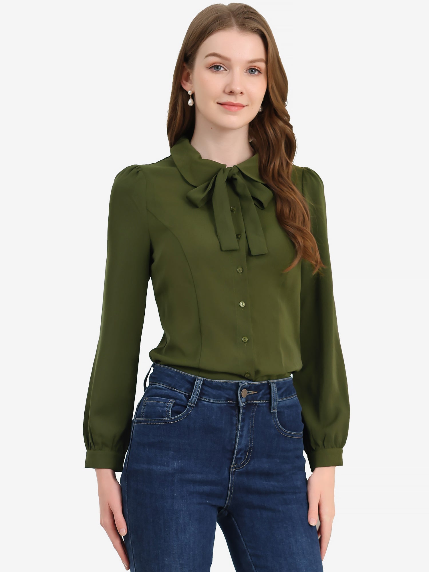 Peter Pan Collar Chiffon Bow Tie Neck Puff Sleeve Button Blouse