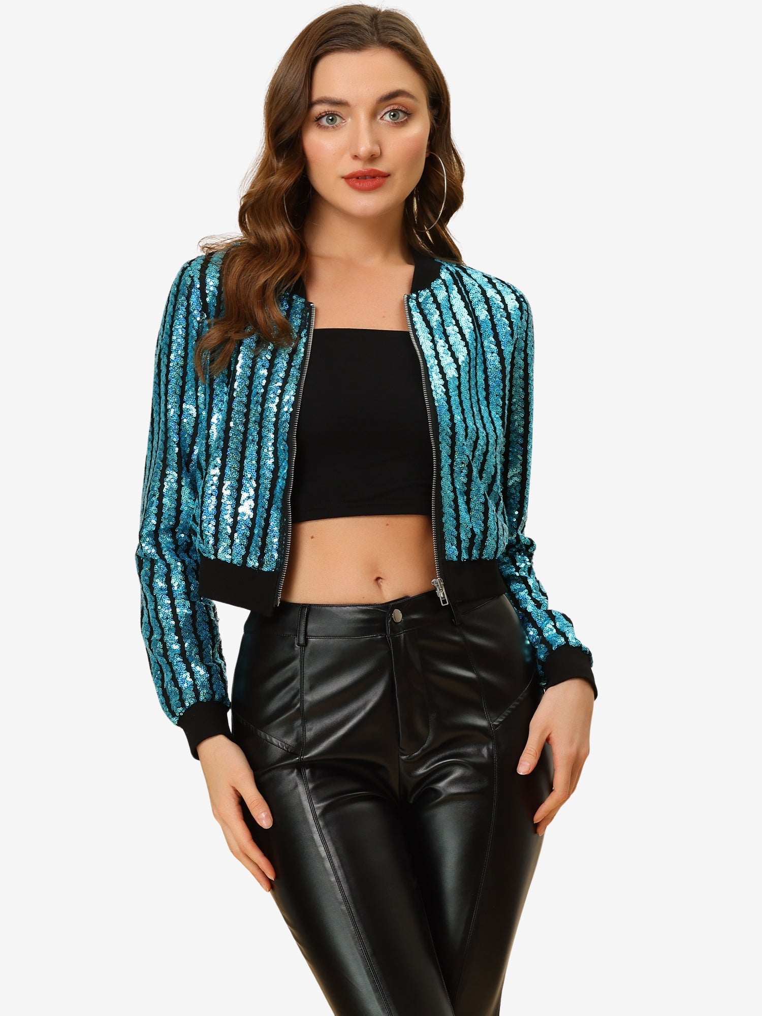 Metallic Sequin Shiny Zip Up Party Sparkly Crop Bomber Jacket