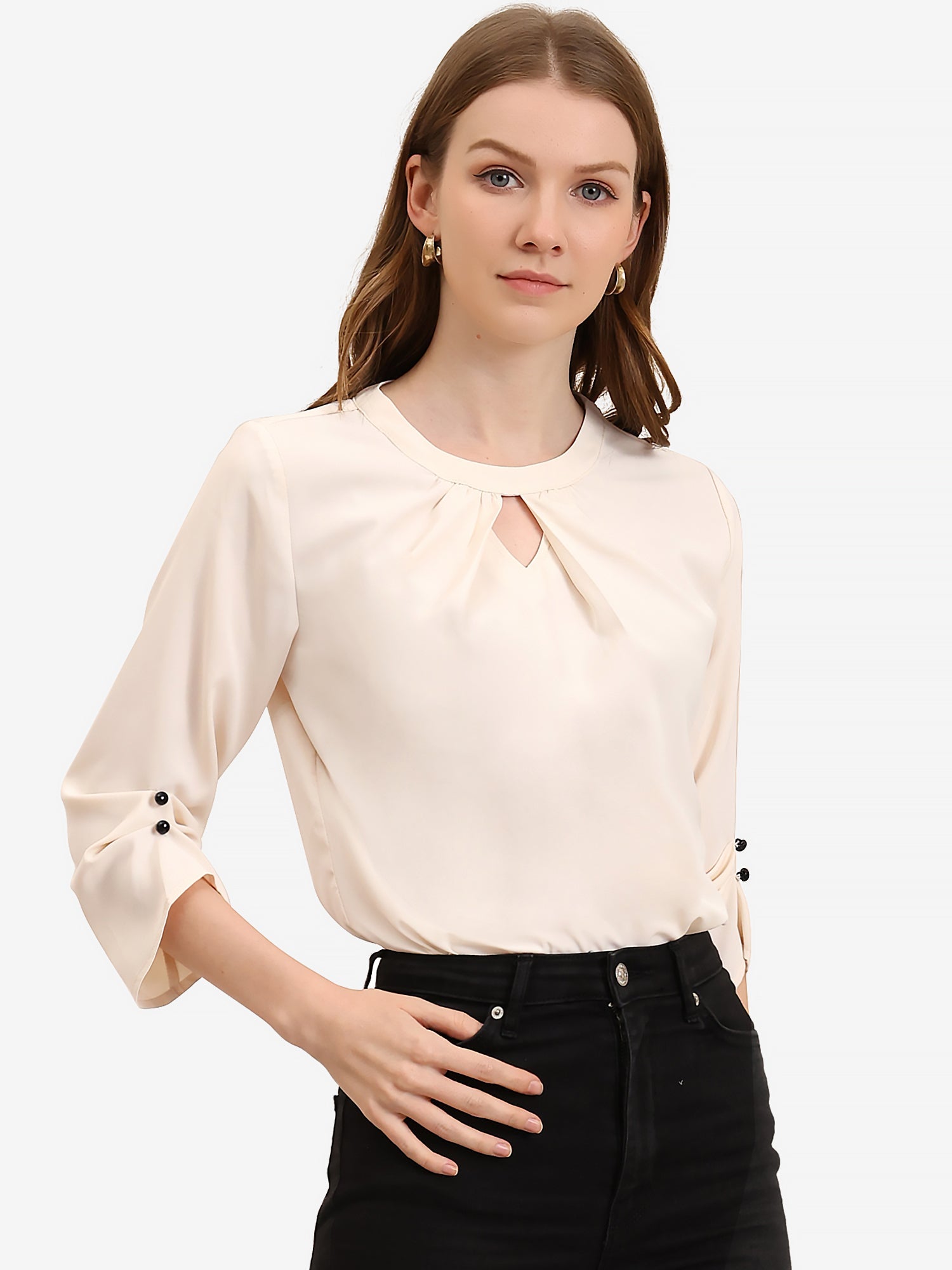 Office Keyhole Pleated 3/4 Sleeve Chiffon Blouse