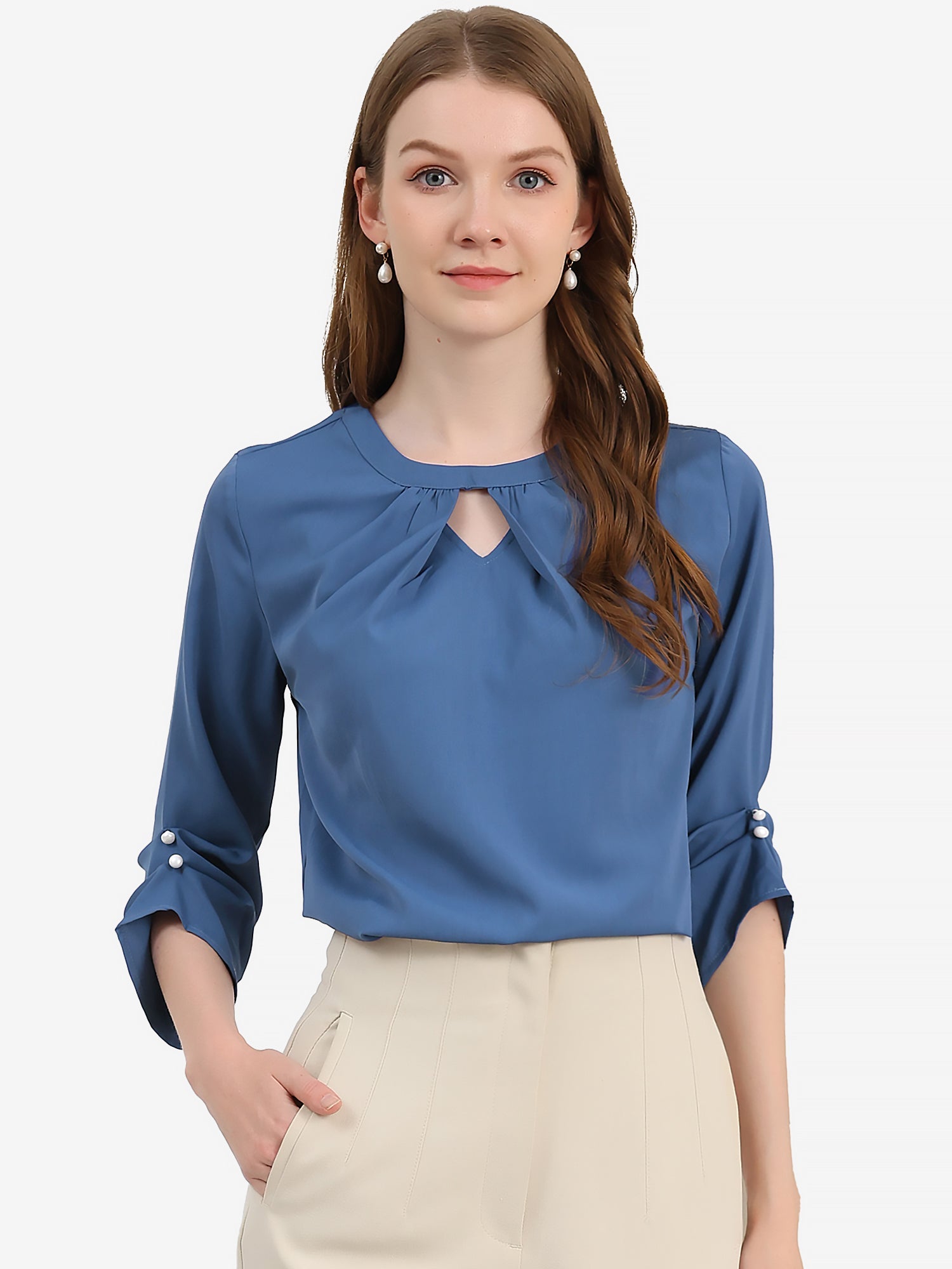 Office Keyhole Pleated 3/4 Sleeve Chiffon Blouse